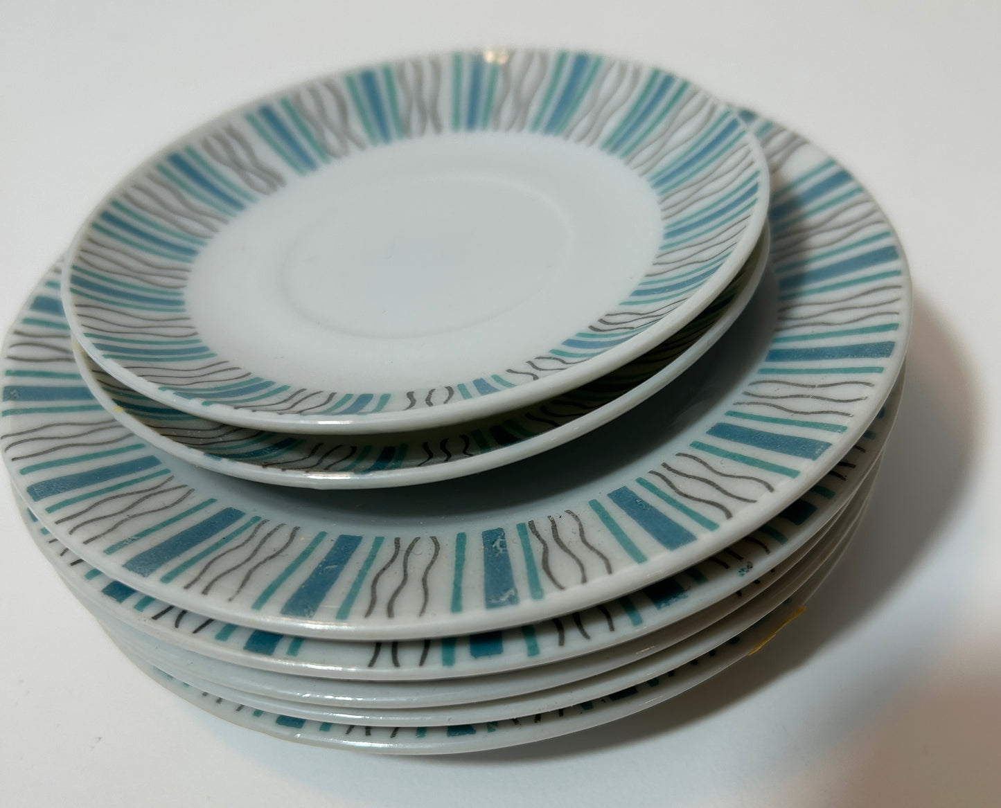 Vintage Mid-Century Modern Atomic Starburst Plates – Set of 6 | Turquoise & Dark Gray Abstract Pattern | Japan