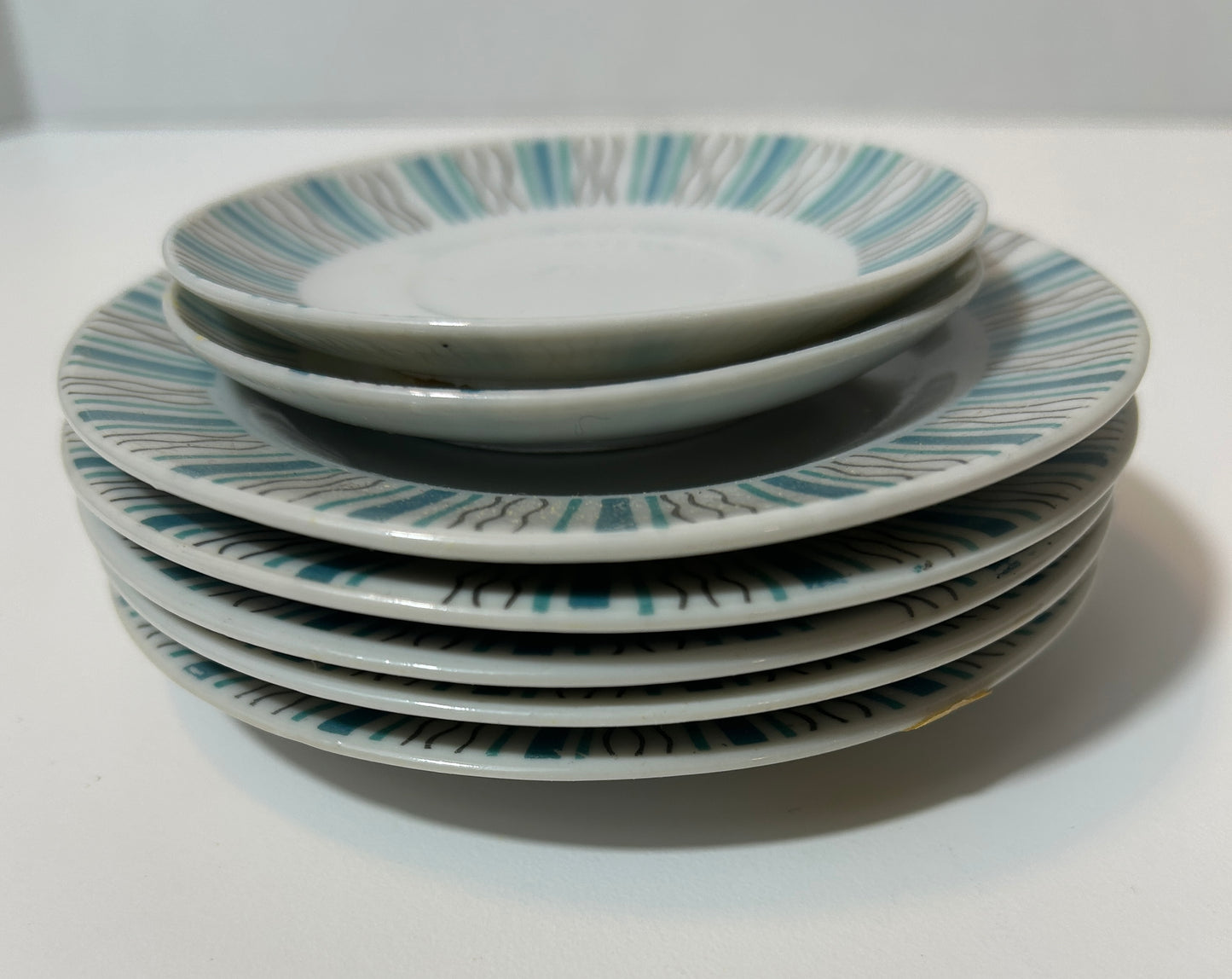Vintage Mid-Century Modern Atomic Starburst Plates – Set of 6 | Turquoise & Dark Gray Abstract Pattern | Japan