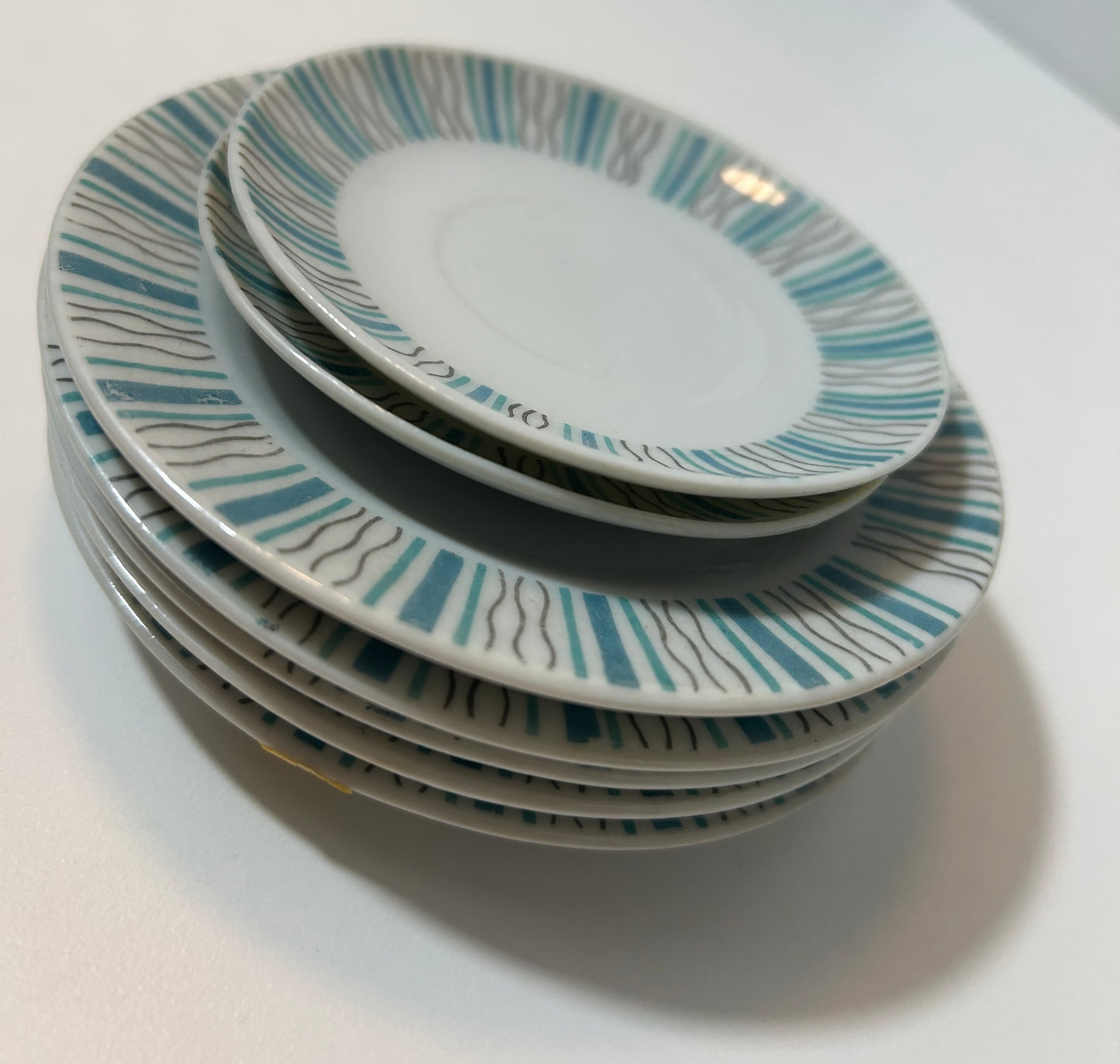 Vintage Mid-Century Modern Atomic Starburst Plates – Set of 6 | Turquoise & Dark Gray Abstract Pattern | Japan