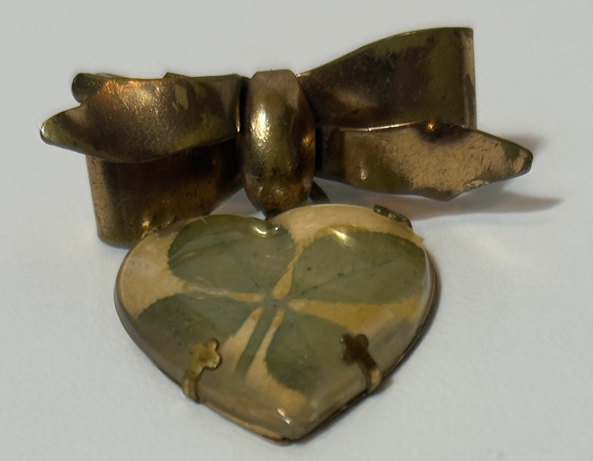 Vintage Brass Four Leaf Clover Heart Locket Brooch with Bow – Good Luck Keepsake Pin