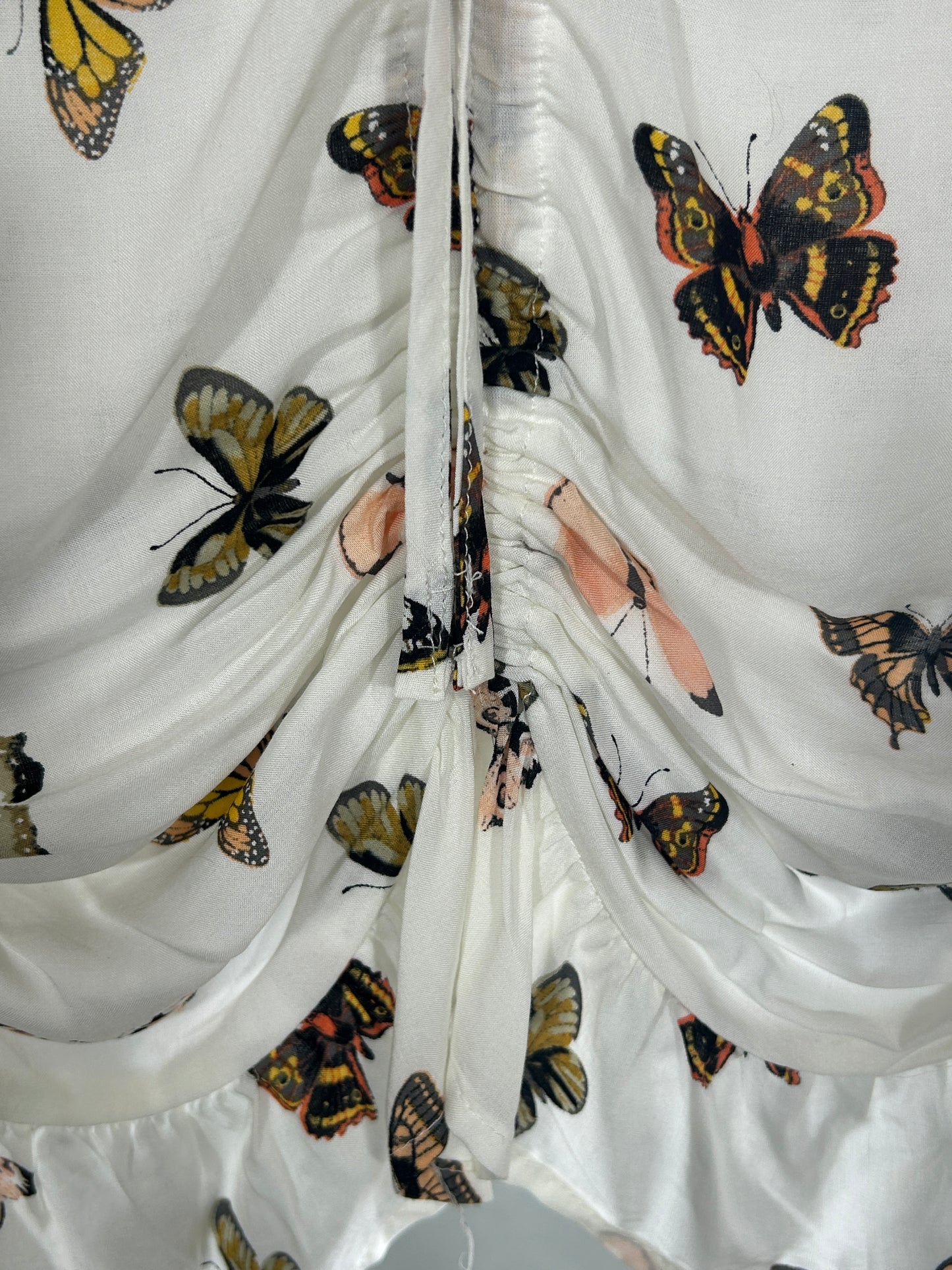 Cato Butterfly Print Ruched Blouse M Ivory Breeze | Long Sleeve Spring Top with Peplum Hem