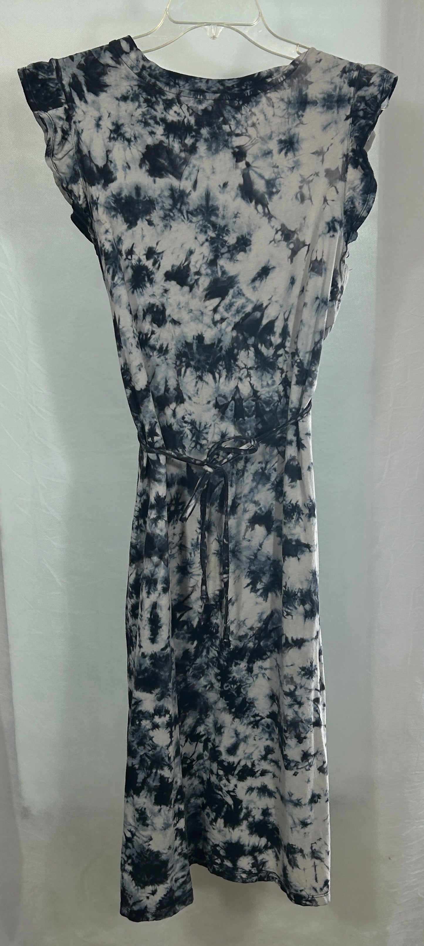 Black & White Tie-Dye Midi Dress with Ruffle Sleeves and Adjustable Waist – Size Large (12-14)