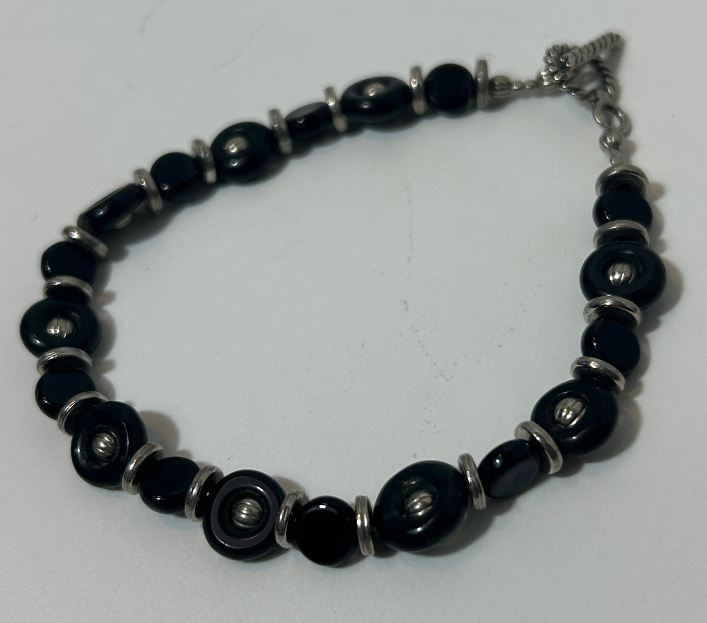 Handmade Black Glass Bead and Silver-Tone Toggle Clasp Bracelet – Modern Minimalist Jewelry