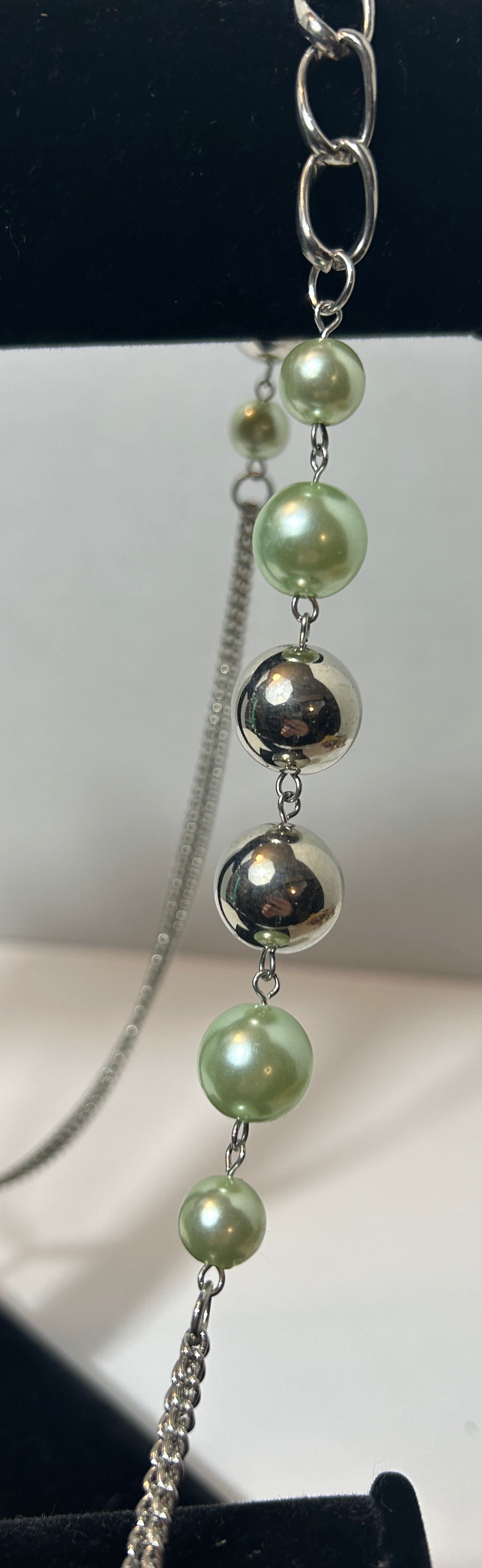Vintage Green Faux Pearl and Silver Bead Multi-Strand Statement Necklace – Chunky Chain Link & Bead Accent