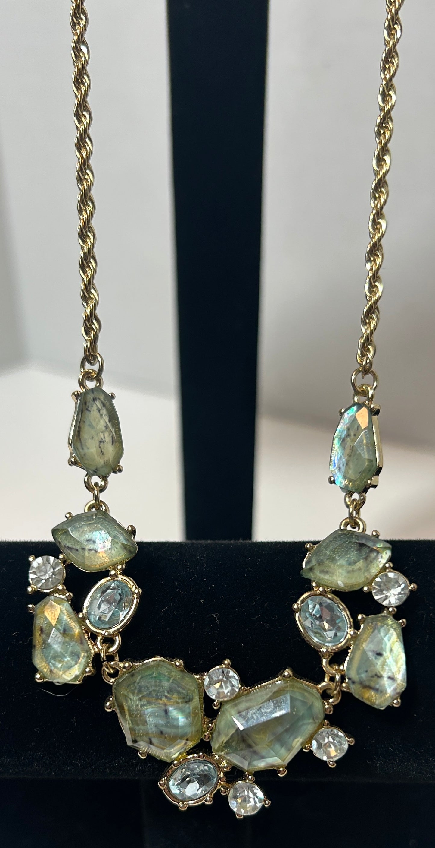 Statement Bib Necklace with Irregular Faceted Green Glass and Clear Crystal Accents – Gold-Tone Chain