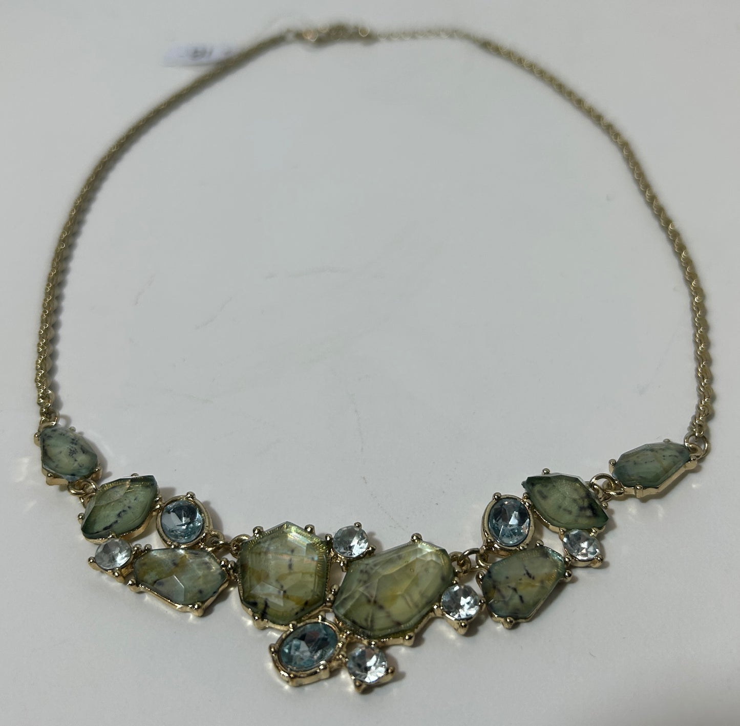 Statement Bib Necklace with Irregular Faceted Green Glass and Clear Crystal Accents – Gold-Tone Chain