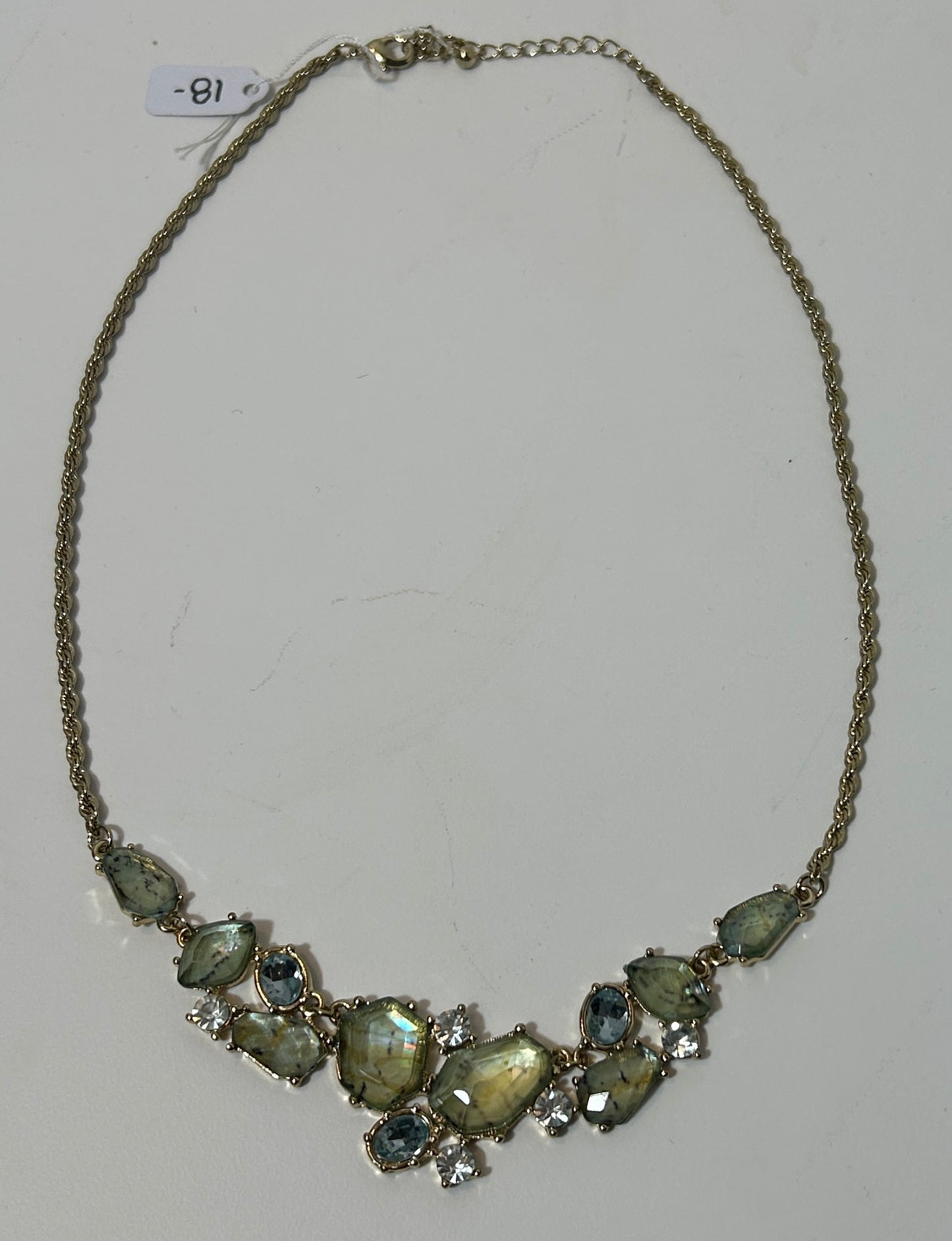 Statement Bib Necklace with Irregular Faceted Green Glass and Clear Crystal Accents – Gold-Tone Chain