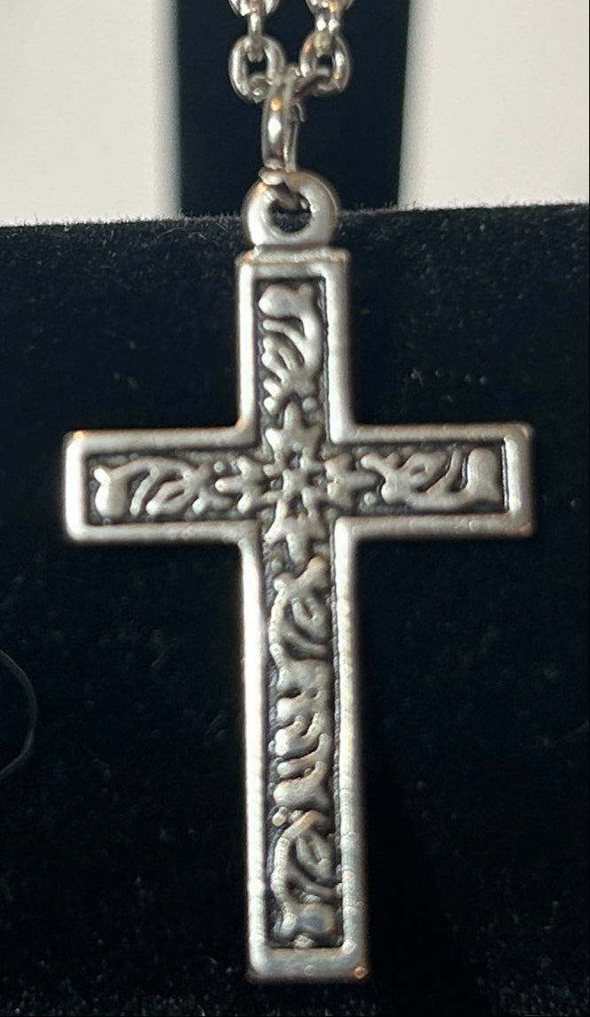 Vintage Silver Tone Cross Pendant Necklace with Ornate Starburst Design - Unisex Christian Religious Jewelry