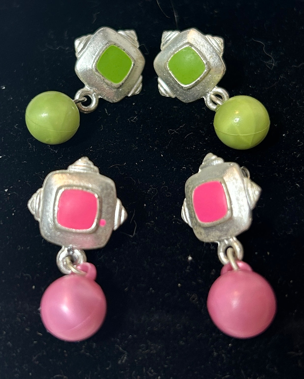 Vintage 1980s Mod Earrings – Pink and Green Geometric Dangle Pairs