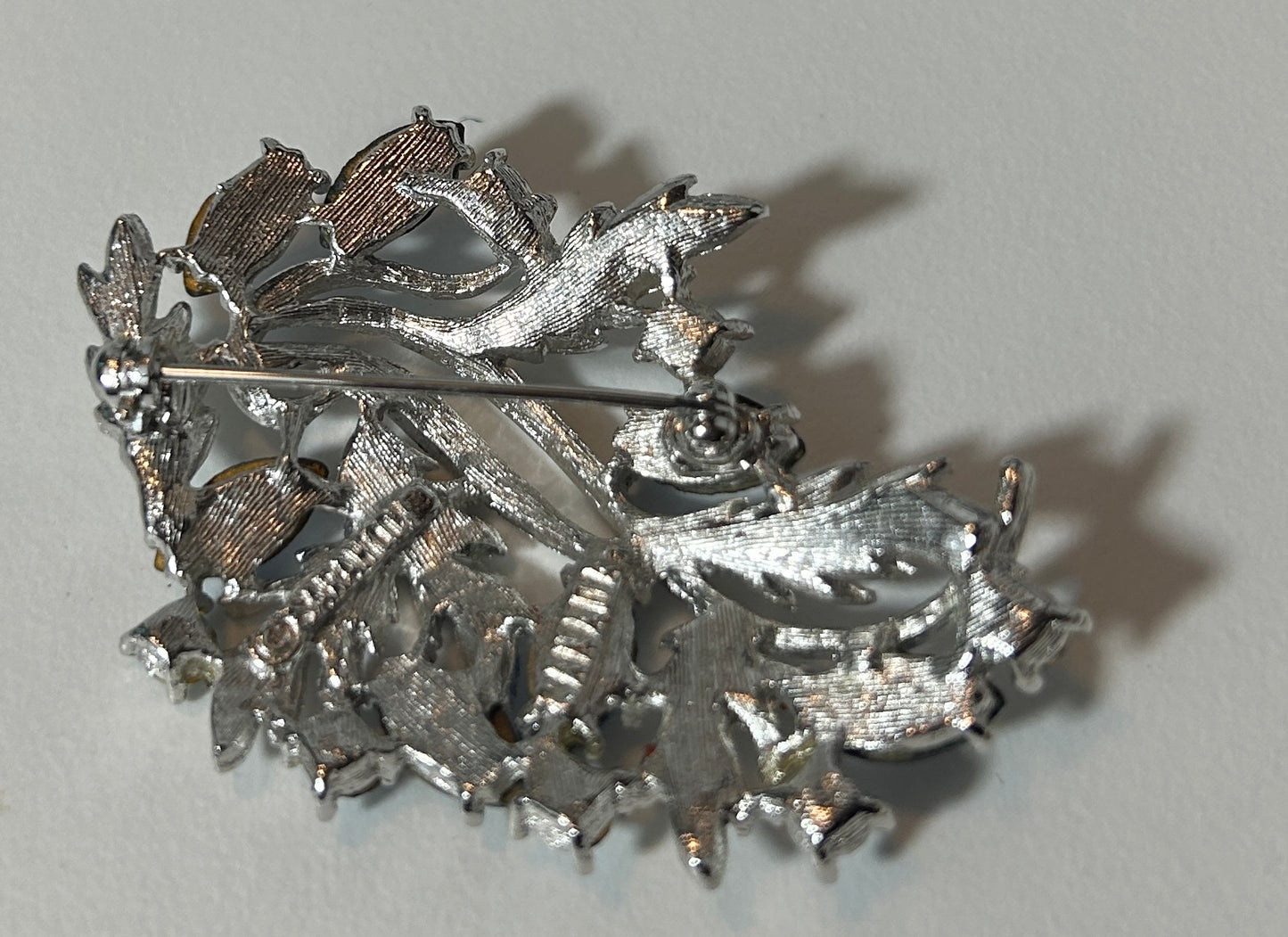 Vintage Silver Tone Leaf and Sapphire Blue Rhinestone Brooch Pin