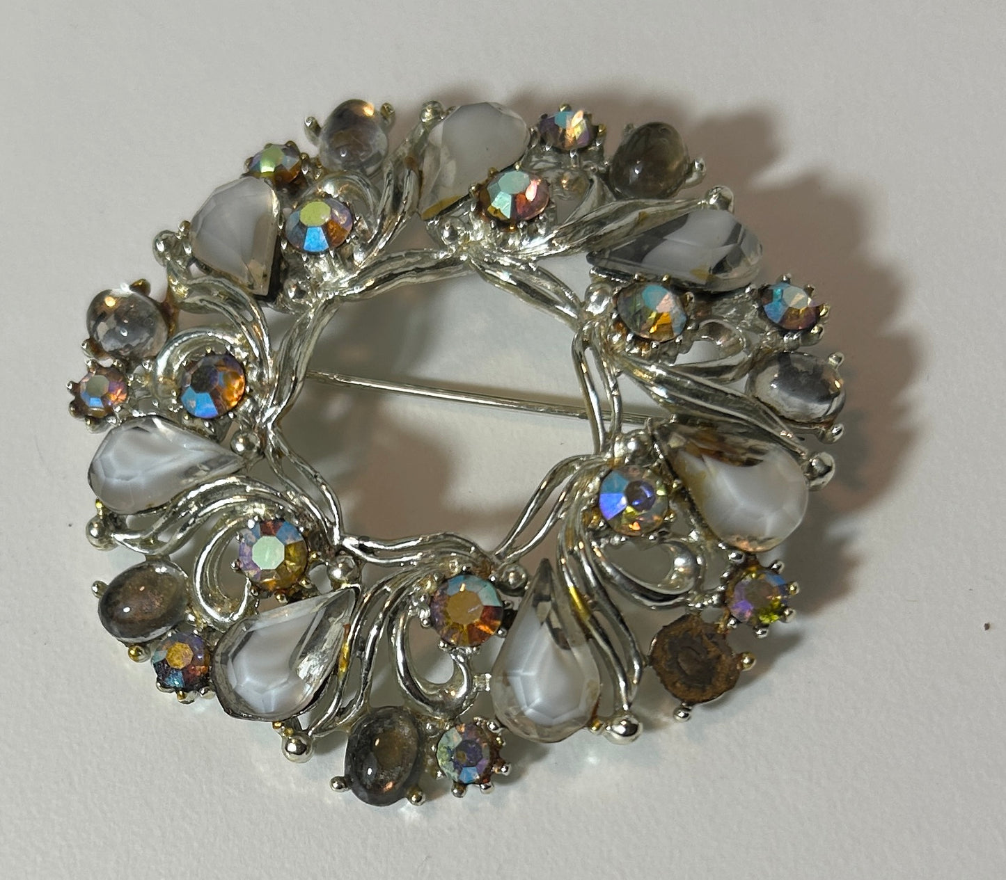 Vintage Silver-Tone Round Wreath Brooch with White and Aurora Borealis Stones