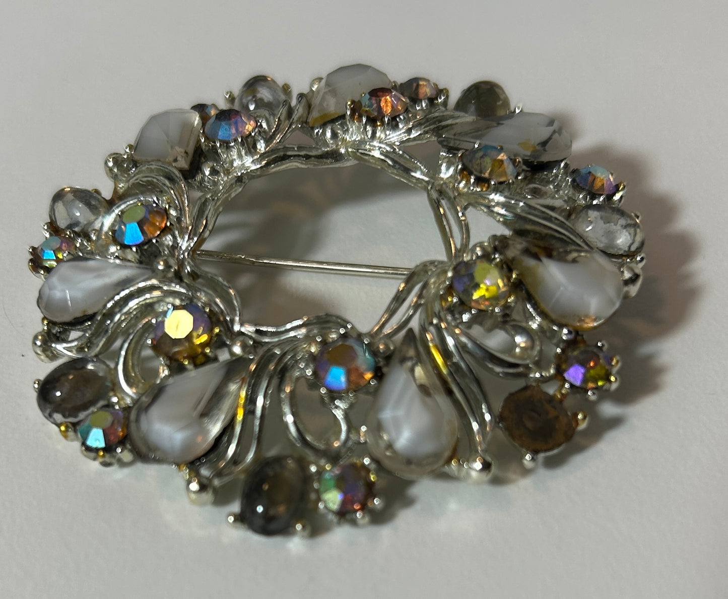 Vintage Silver-Tone Round Wreath Brooch with White and Aurora Borealis Stones