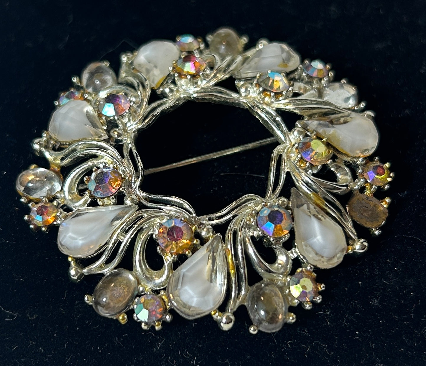 Vintage Silver-Tone Round Wreath Brooch with White and Aurora Borealis Stones