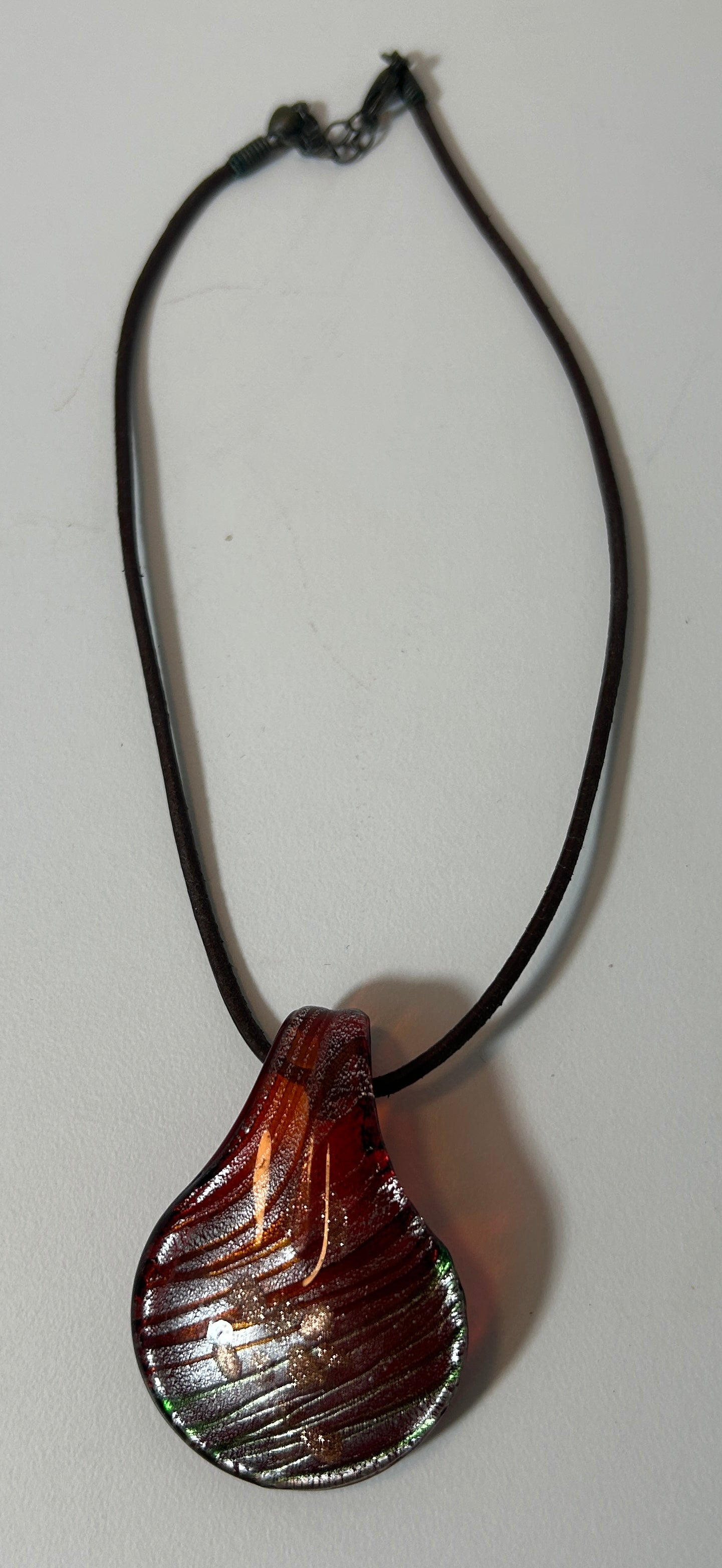 Murano Style Art Glass Teardrop Pendant Necklace with Brown Cord – Metallic Red & Iridescent Green Stripes