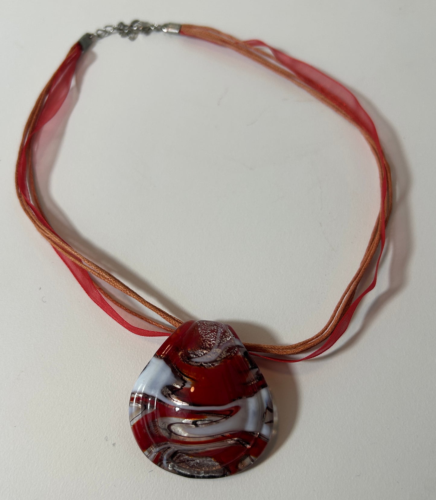 Red and White Swirl Murano-Style Art Glass Pendant Necklace with Multi-Strand Ribbon Cord