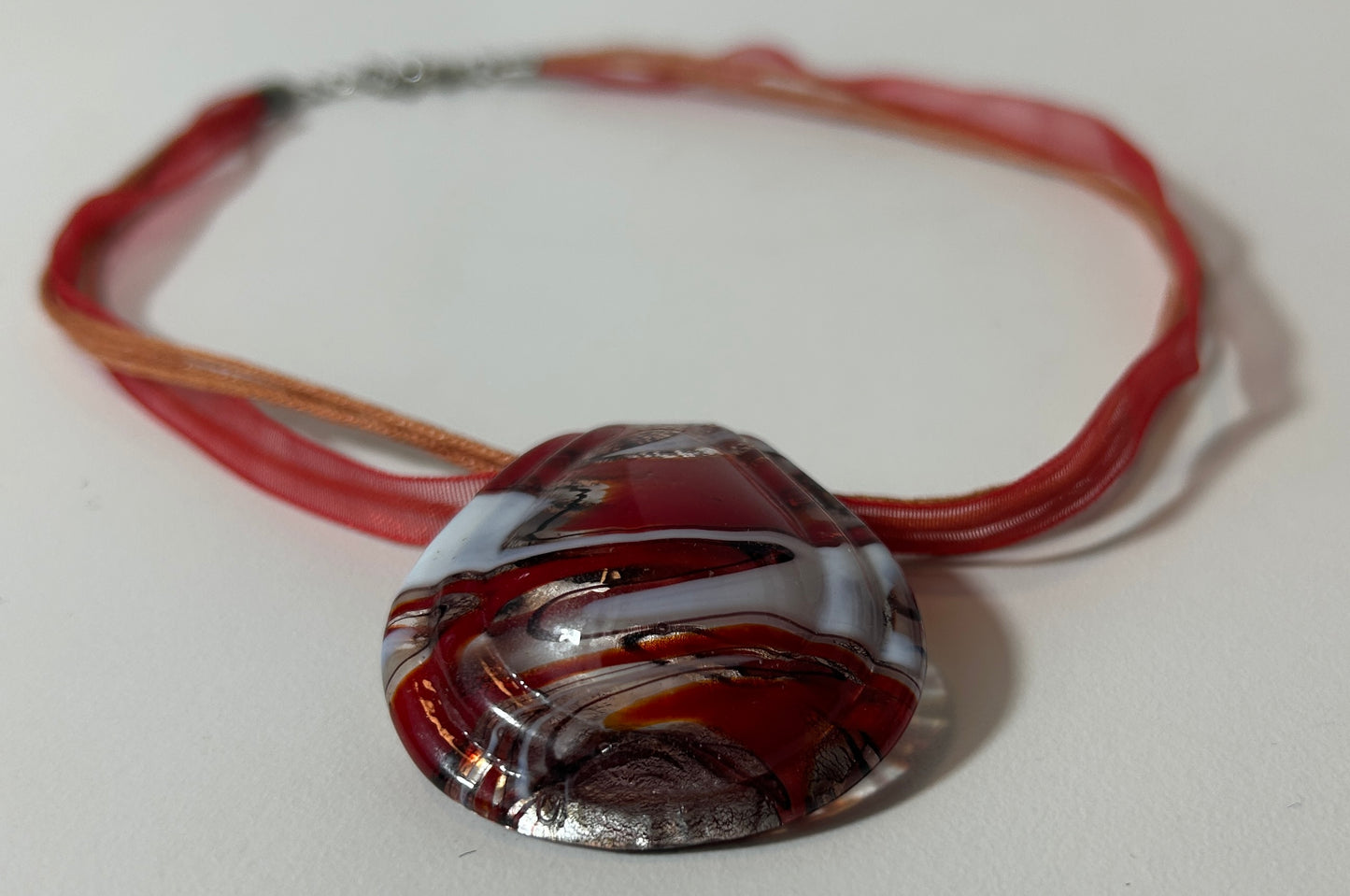 Red and White Swirl Murano-Style Art Glass Pendant Necklace with Multi-Strand Ribbon Cord