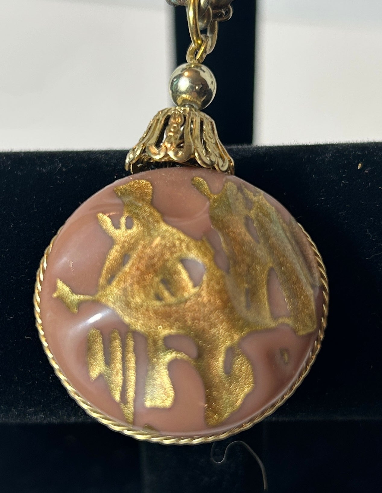 Vintage Mid-Century Modern Double Chain Necklace with Abstract Gold-Flecked Resin Orb Pendant