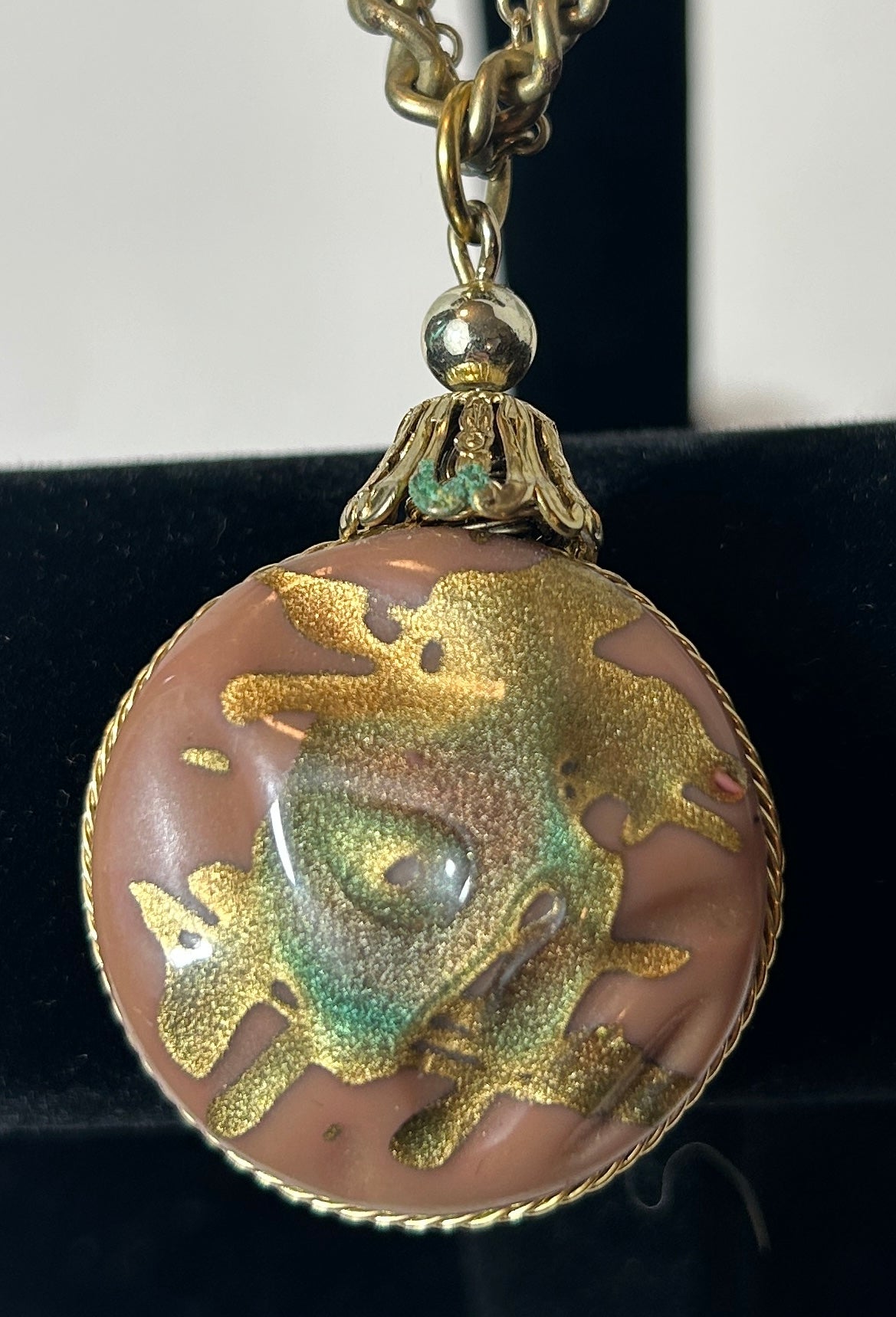 Vintage Mid-Century Modern Double Chain Necklace with Abstract Gold-Flecked Resin Orb Pendant