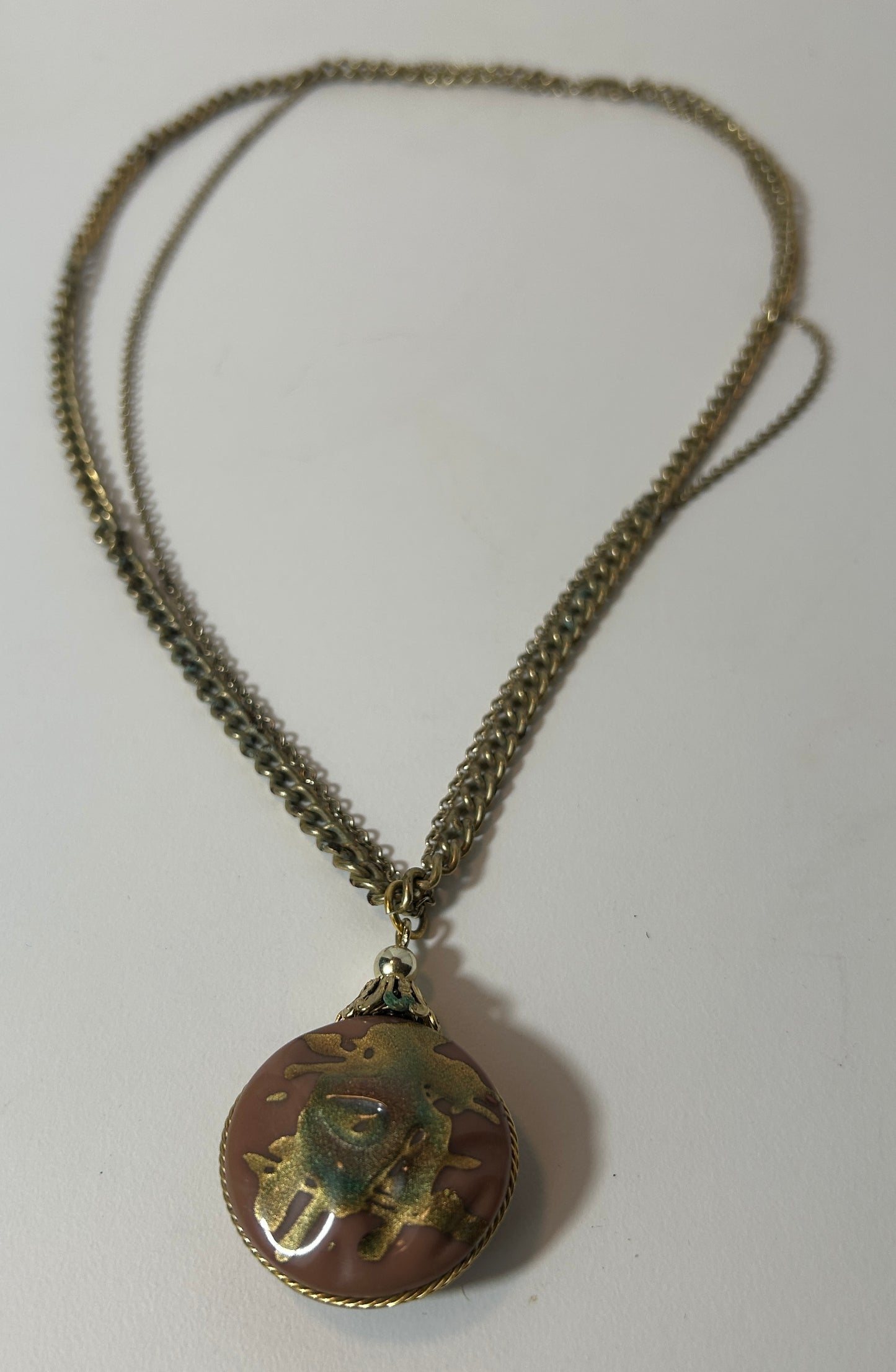 Vintage Mid-Century Modern Double Chain Necklace with Abstract Gold-Flecked Resin Orb Pendant