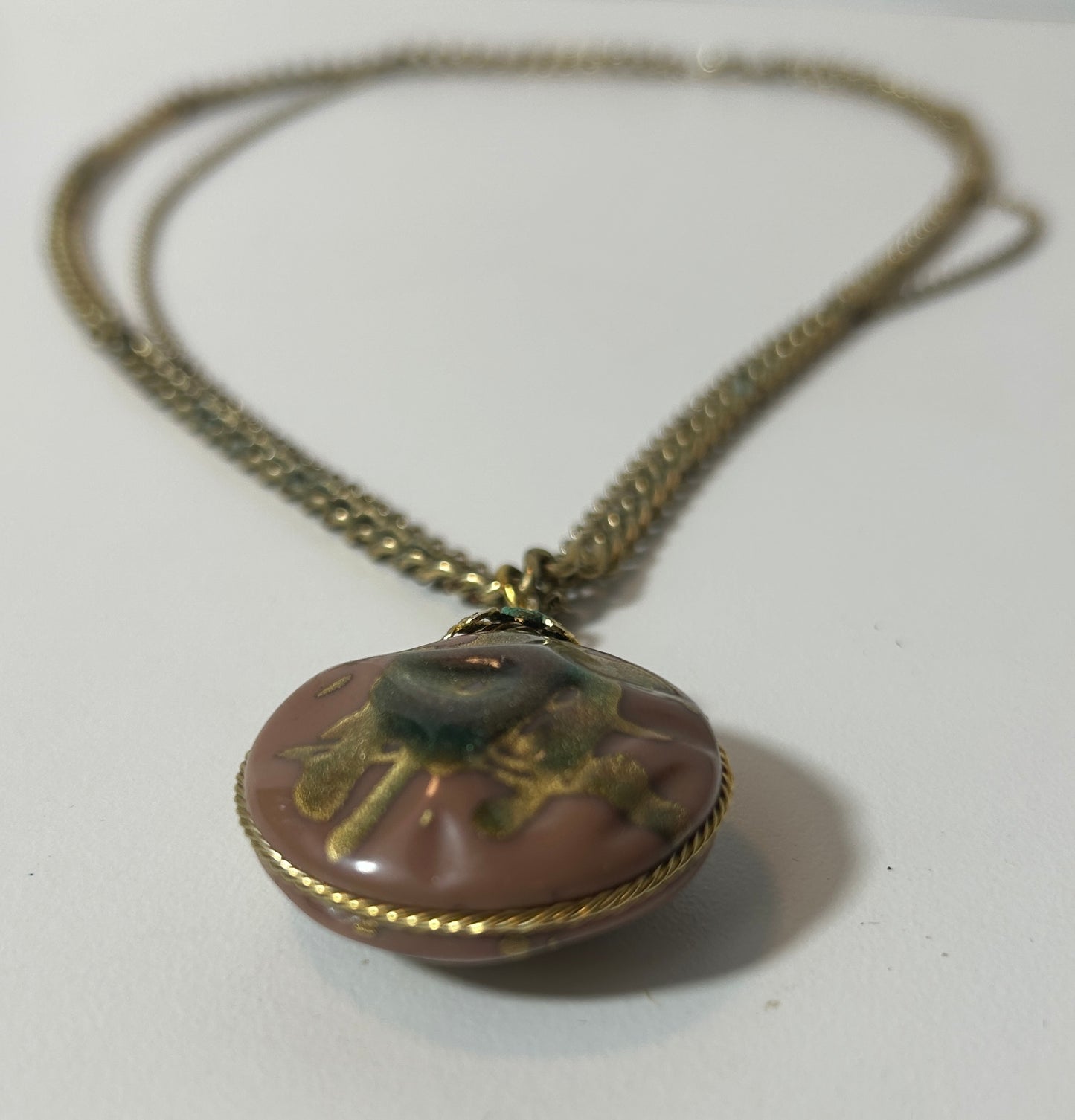 Vintage Mid-Century Modern Double Chain Necklace with Abstract Gold-Flecked Resin Orb Pendant
