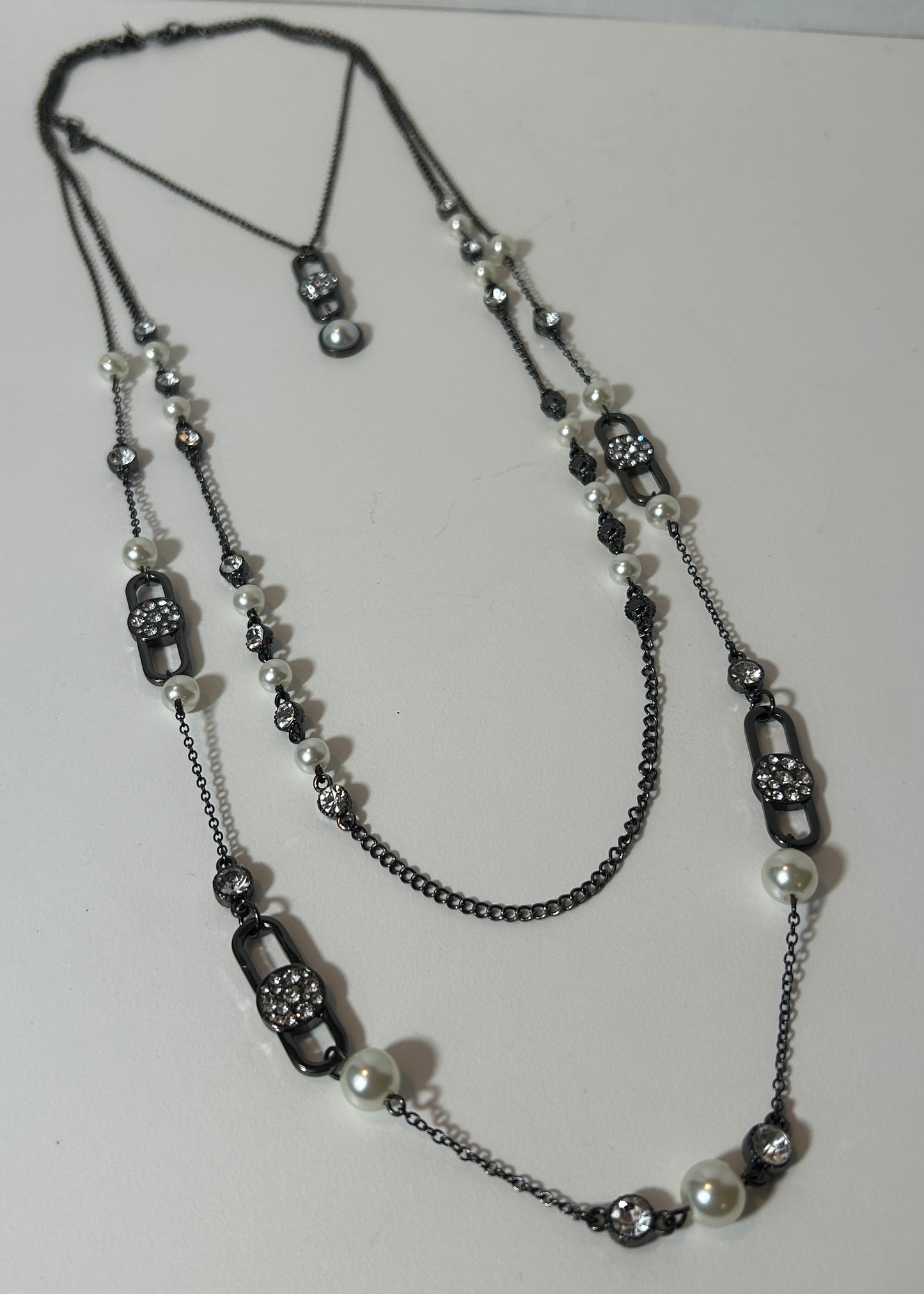 Gunmetal Multi-Strand Faux Pearl & Rhinestone Statement Necklace – Layered Modern Glam Look