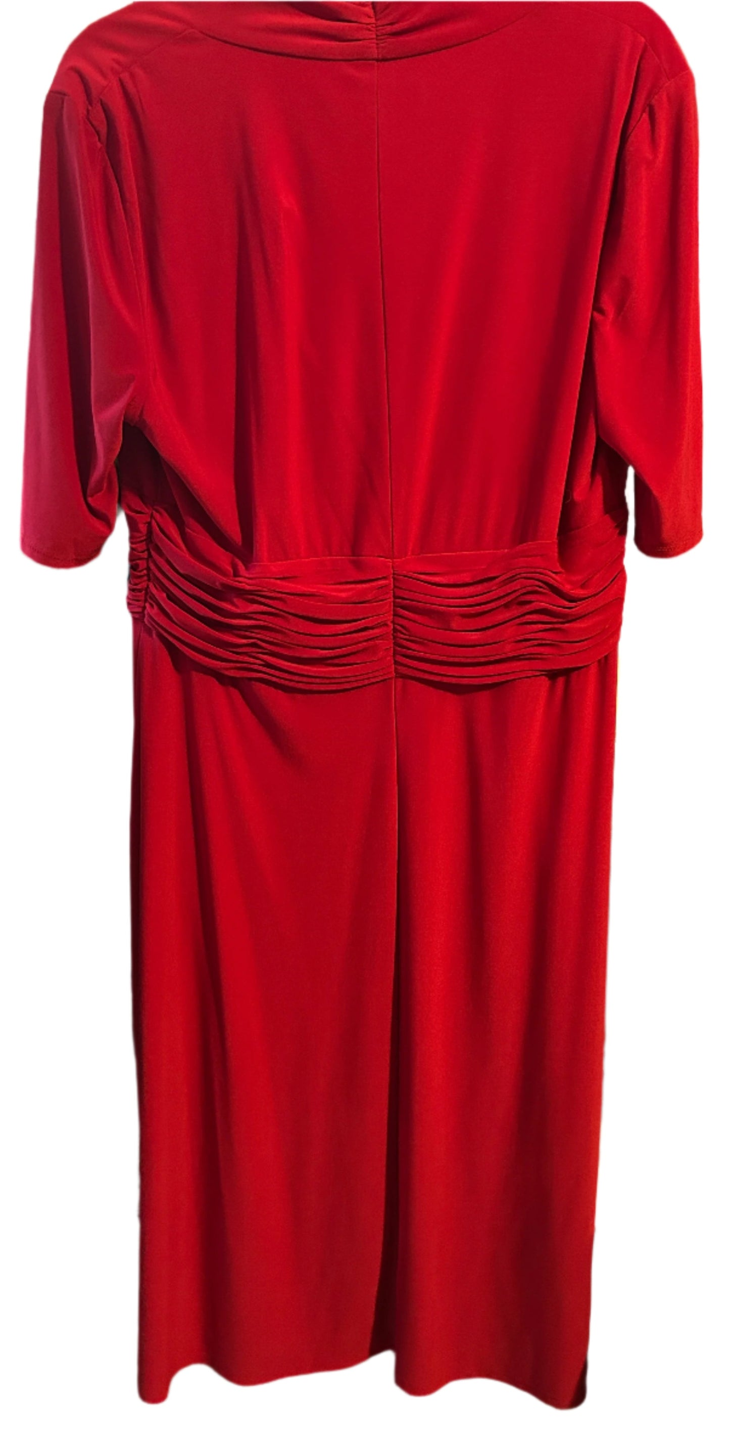 Elegant Red Ruched Waist Midi Dress – Classic & Flattering, Size 16