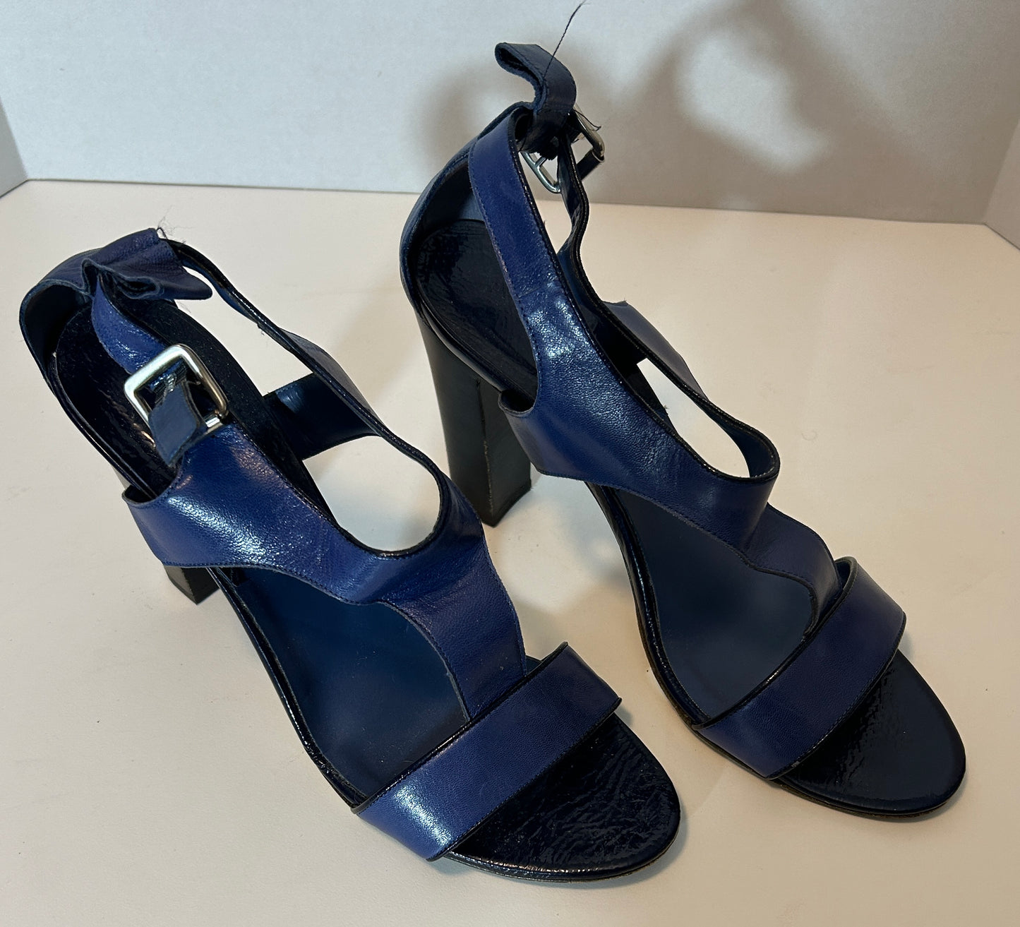 Vintage Blue Leather Strappy Block Heel Sandals – Size 10.5 – Made in Italy