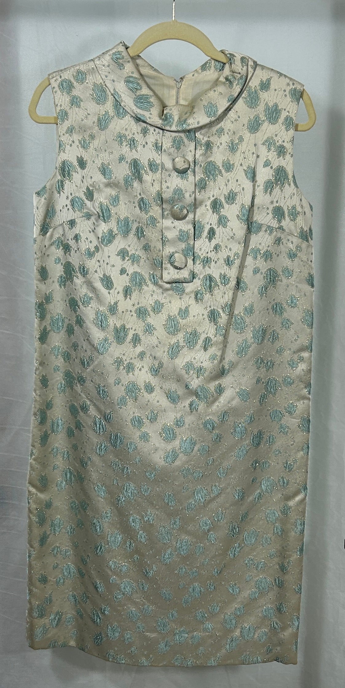 Vintage 1960s Brocade Shift Dress – Cream with Blue and Gold Floral Jacquard