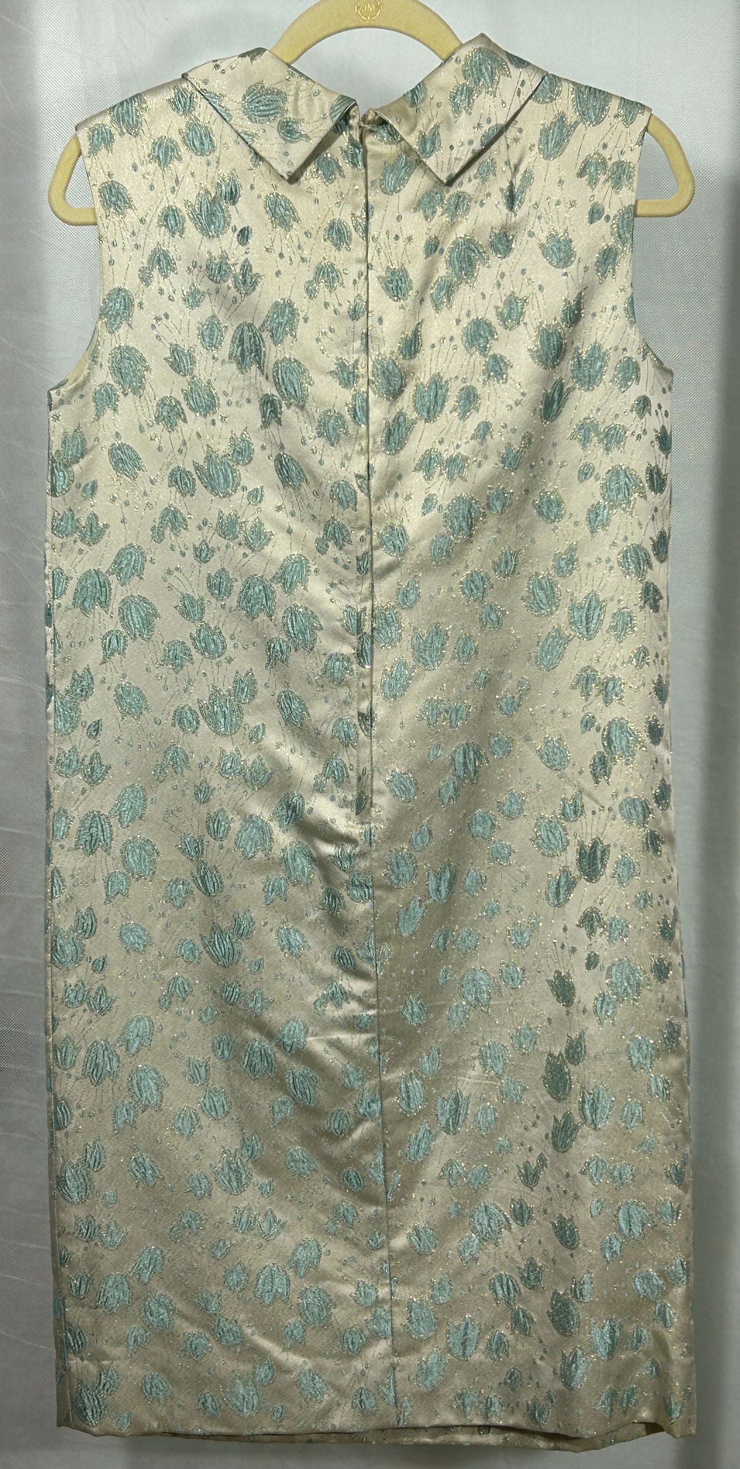 Vintage 1960s Brocade Shift Dress – Cream with Blue and Gold Floral Jacquard