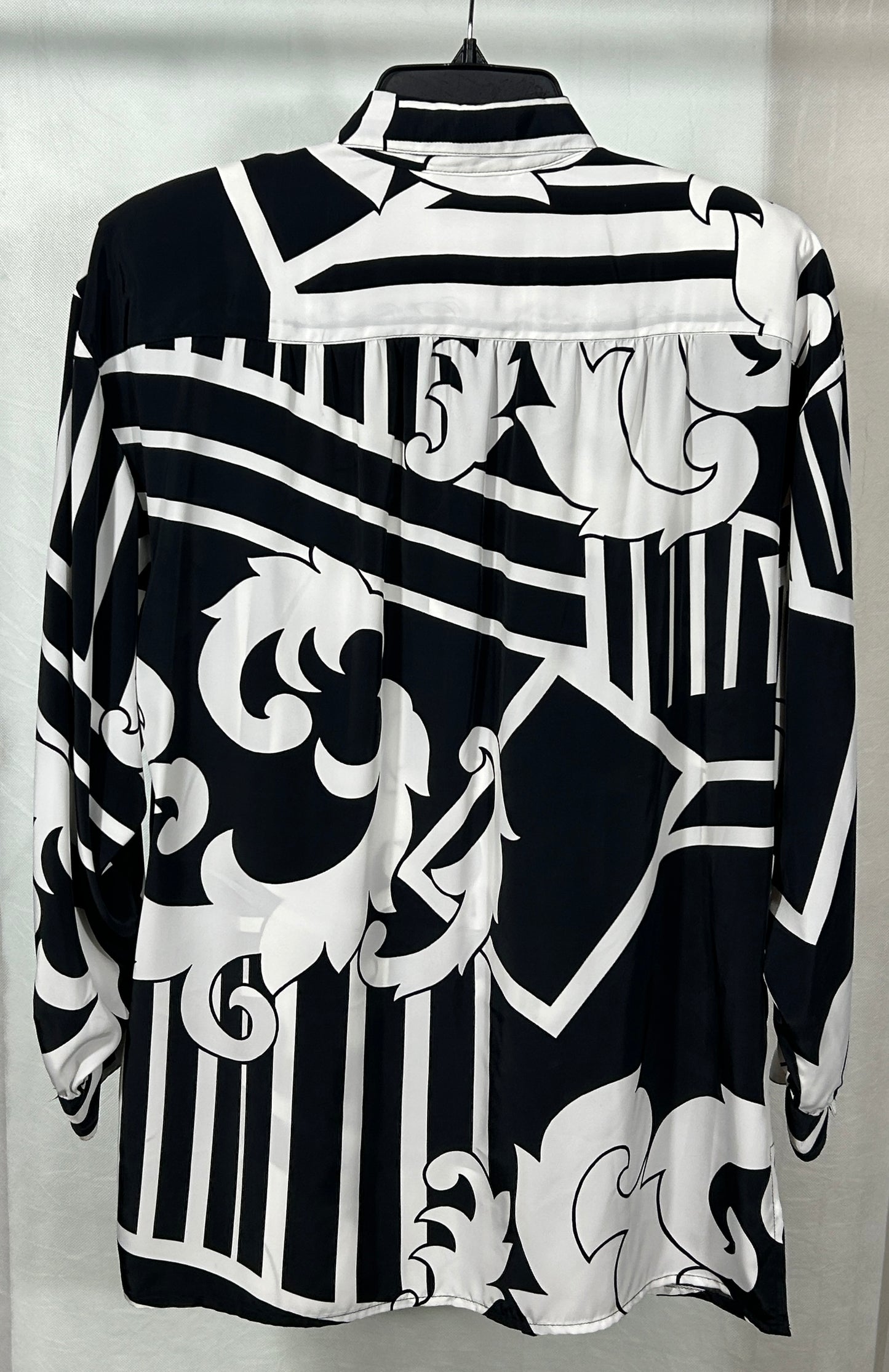 Vintage 1980s Brownstone Studio Black and White Abstract Print Button-Up Blouse – Made in USA – Size 12