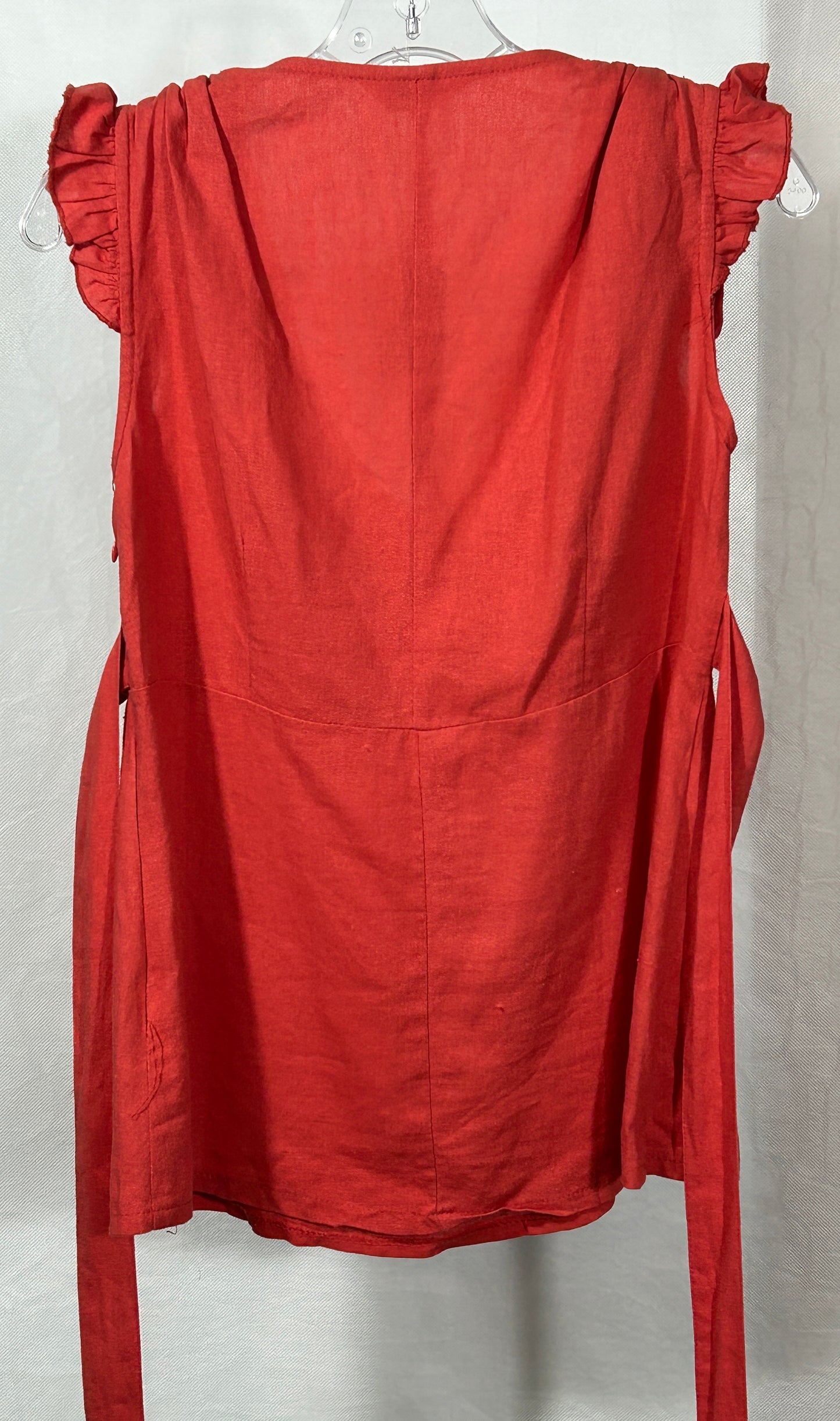 Vintage LIN Collection Red Hemp/Cotton Blend Sleeveless Wrap Blouse – Ruffled Shoulder Detail, Size L