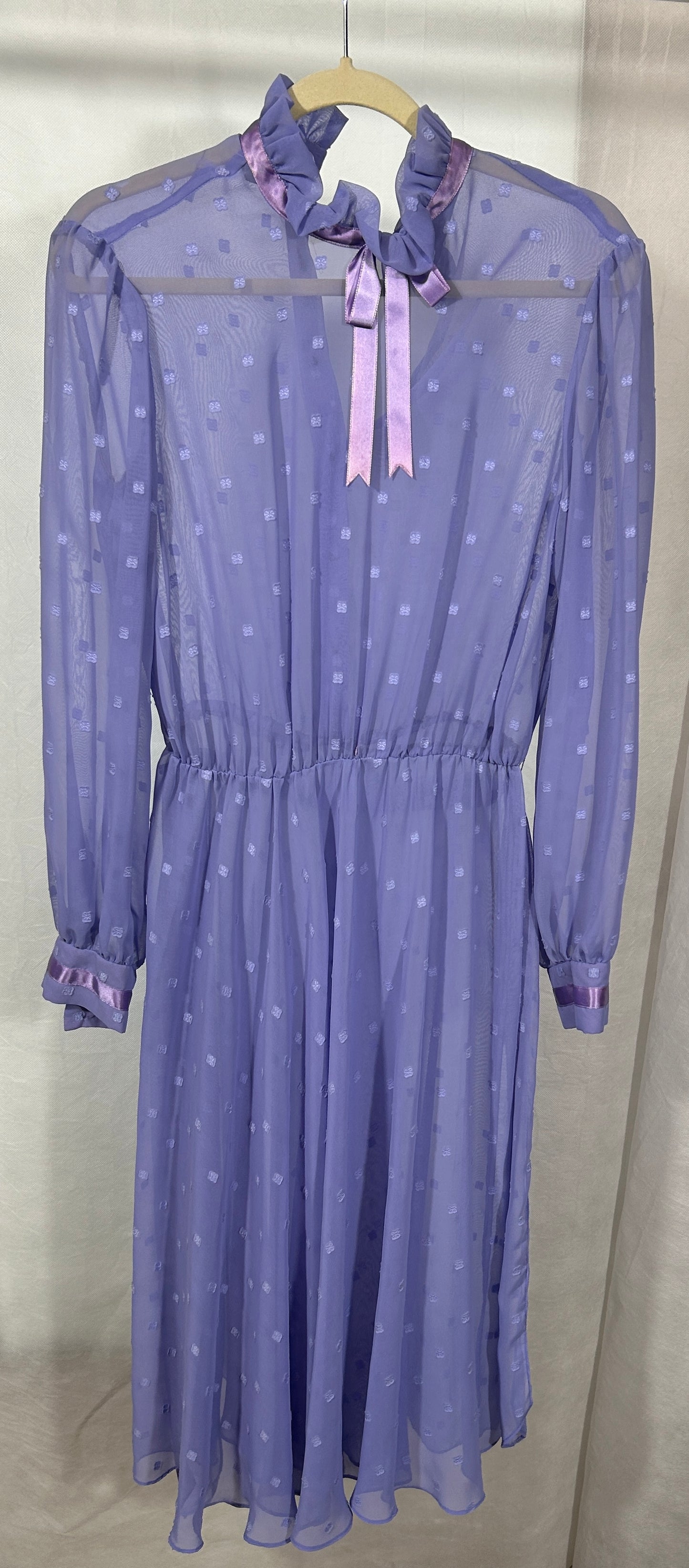Vintage Jeri New York Sheer Lavender High-Neck Dress with Satin Accents – 1970s Romantic Retro
