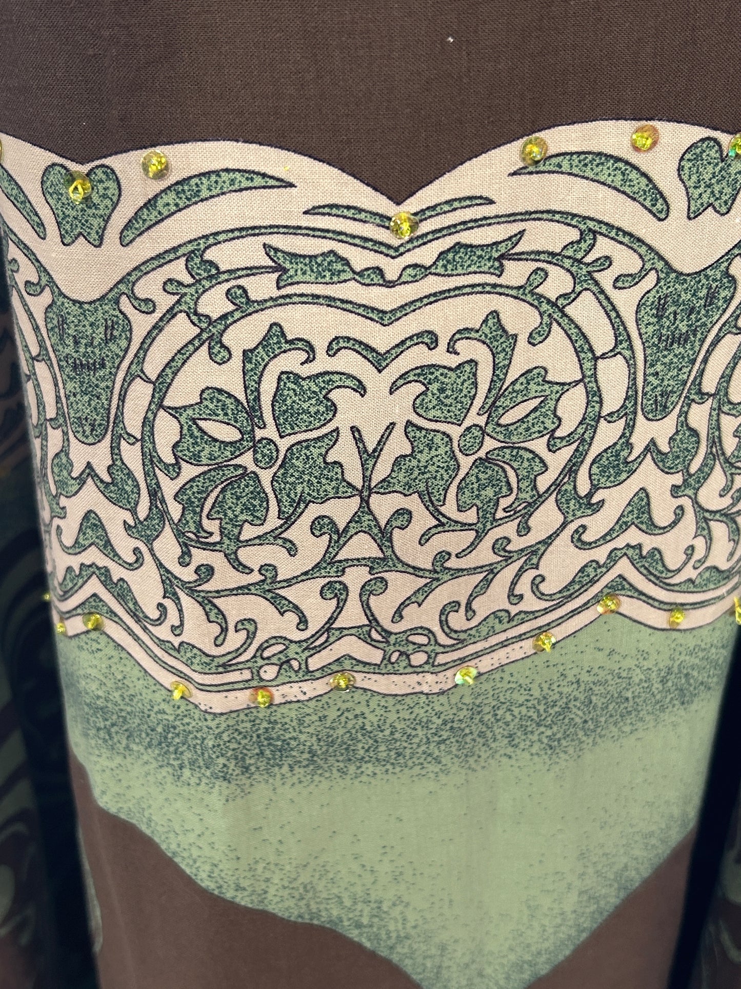 Vintage Boho Maxi Skirt - Brown & Green Paisley Print with Rhinestone Accents, Side Zip Closure | Size Medium