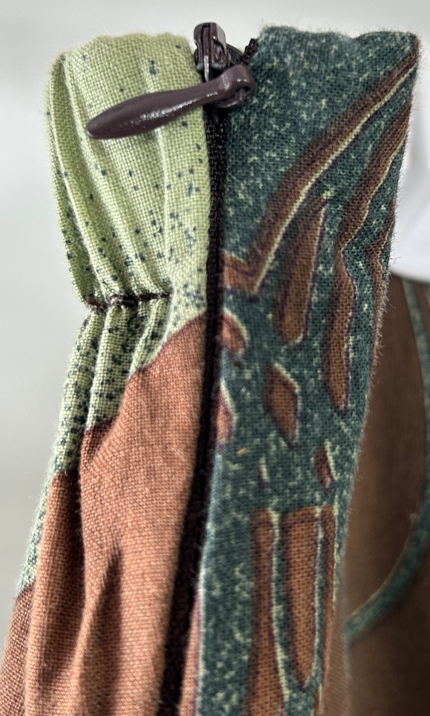 Vintage Boho Maxi Skirt - Brown & Green Paisley Print with Rhinestone Accents, Side Zip Closure | Size Medium