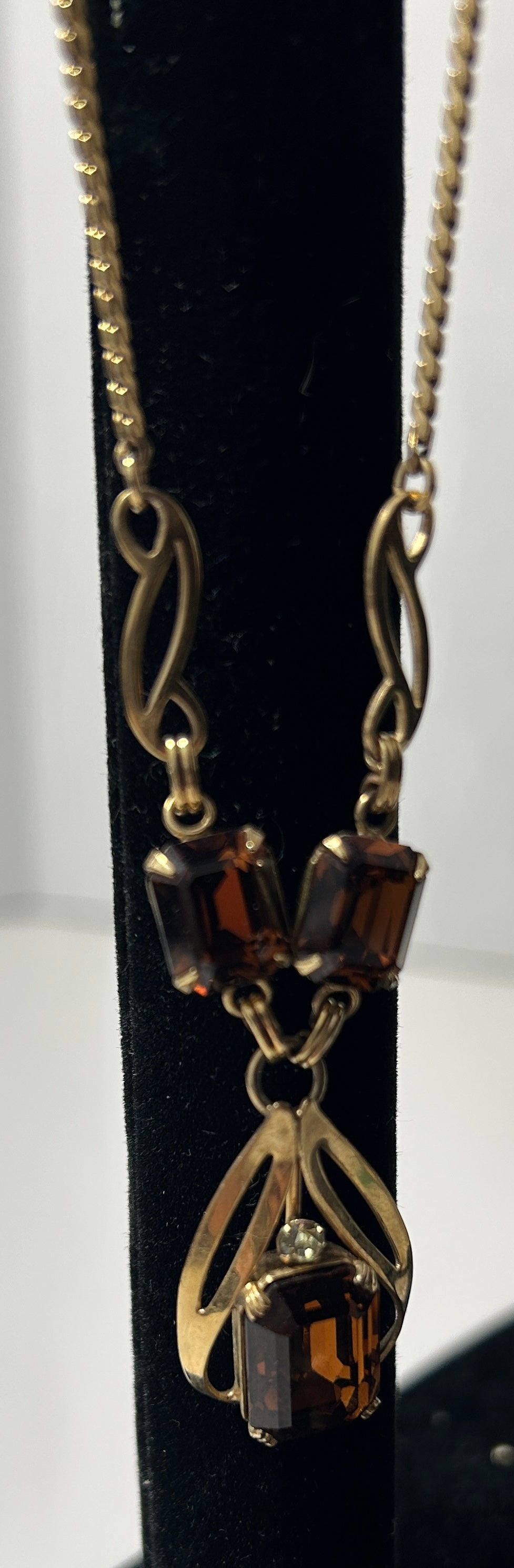 Vintage 1950s-60s Van Dell 12K Gold-Filled Necklace & Screw-Back Earring Set with Emerald-Cut Glass Topaz and Peridot Rhinestones