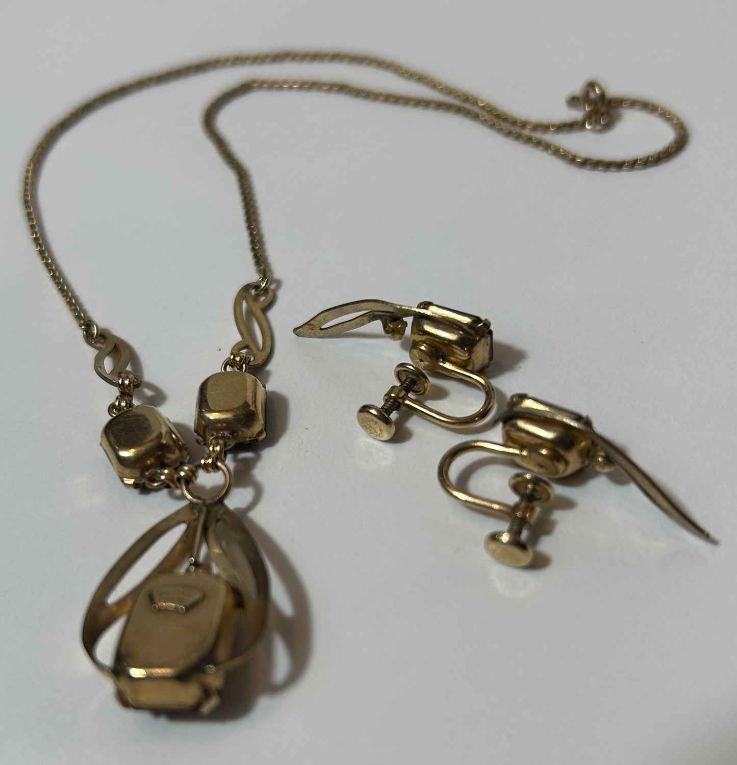 Vintage 1950s-60s Van Dell 12K Gold-Filled Necklace & Screw-Back Earring Set with Emerald-Cut Glass Topaz and Peridot Rhinestones