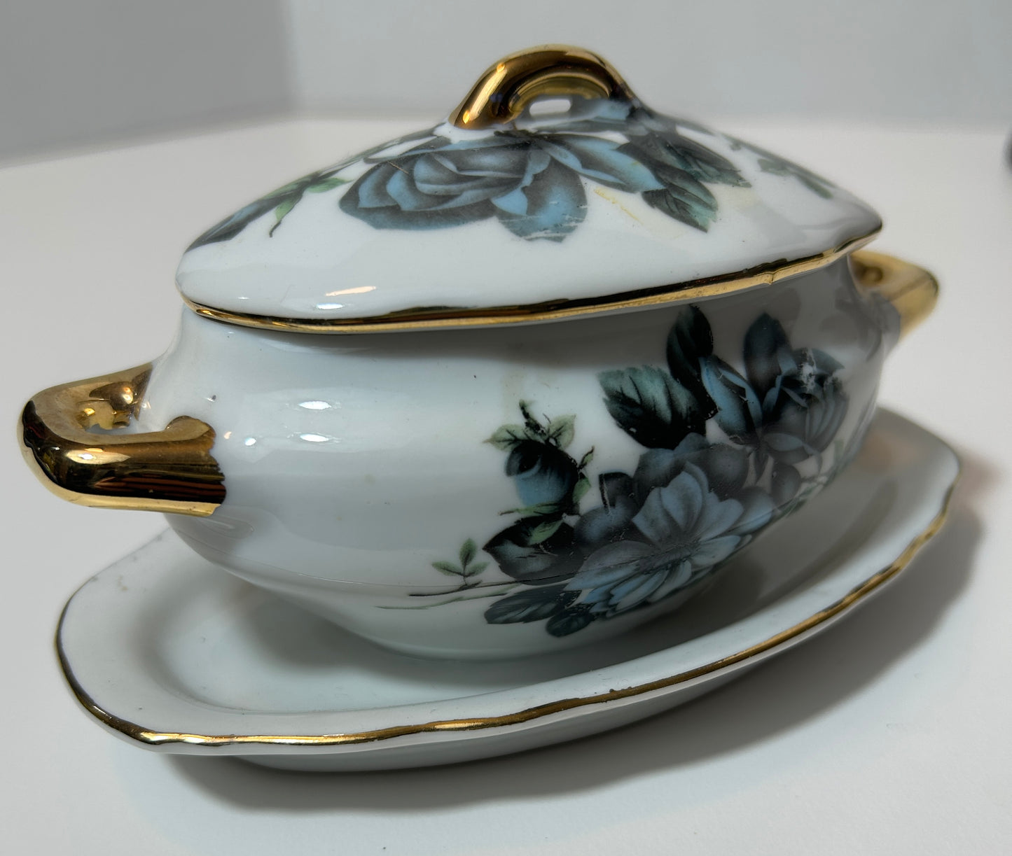 Vintage Bavaria Black Rose Miniature Tureen with Lid and Underplate – Gold Trimmed Porcelain Floral Dish