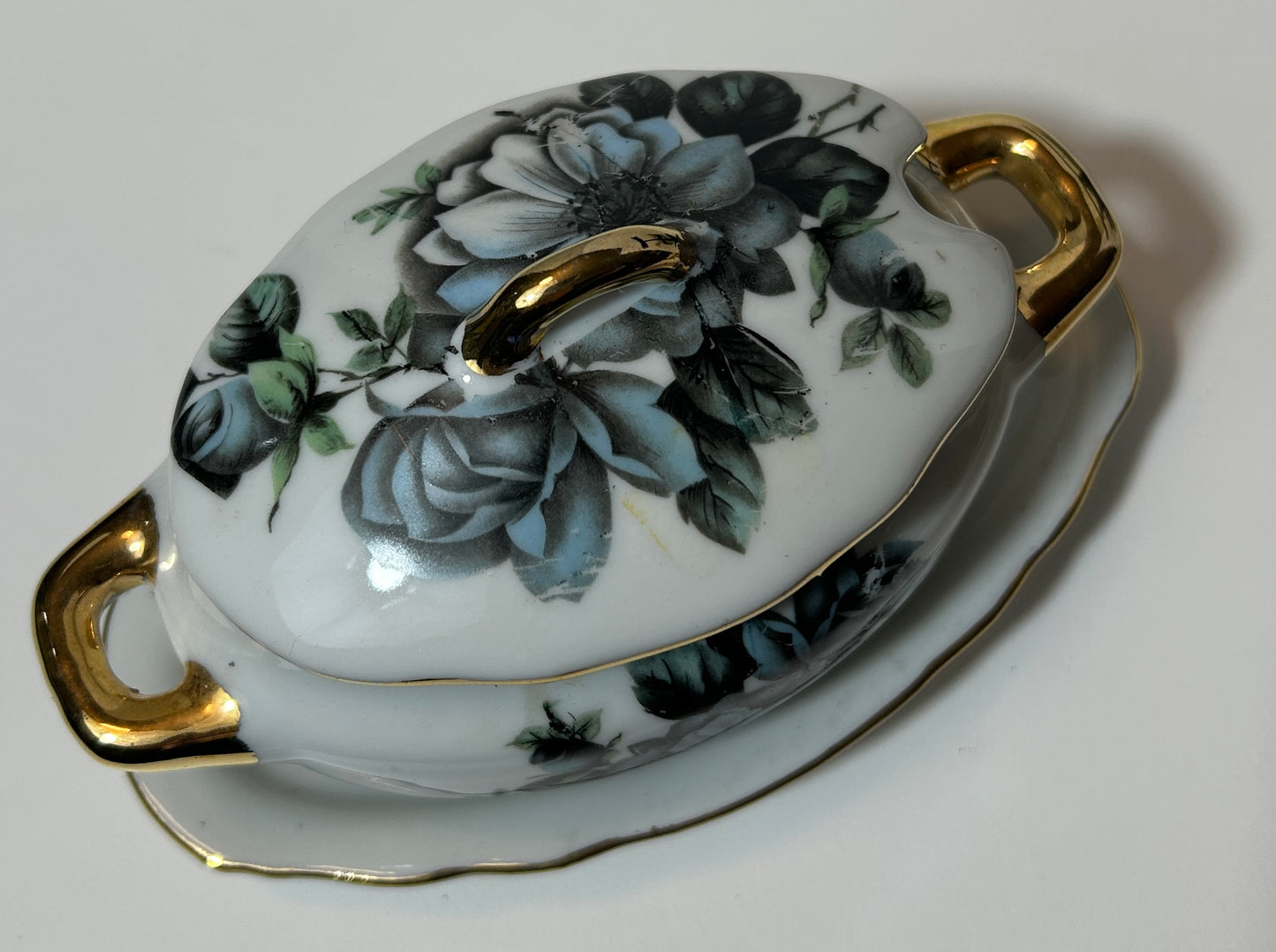 Vintage Bavaria Black Rose Miniature Tureen with Lid and Underplate – Gold Trimmed Porcelain Floral Dish