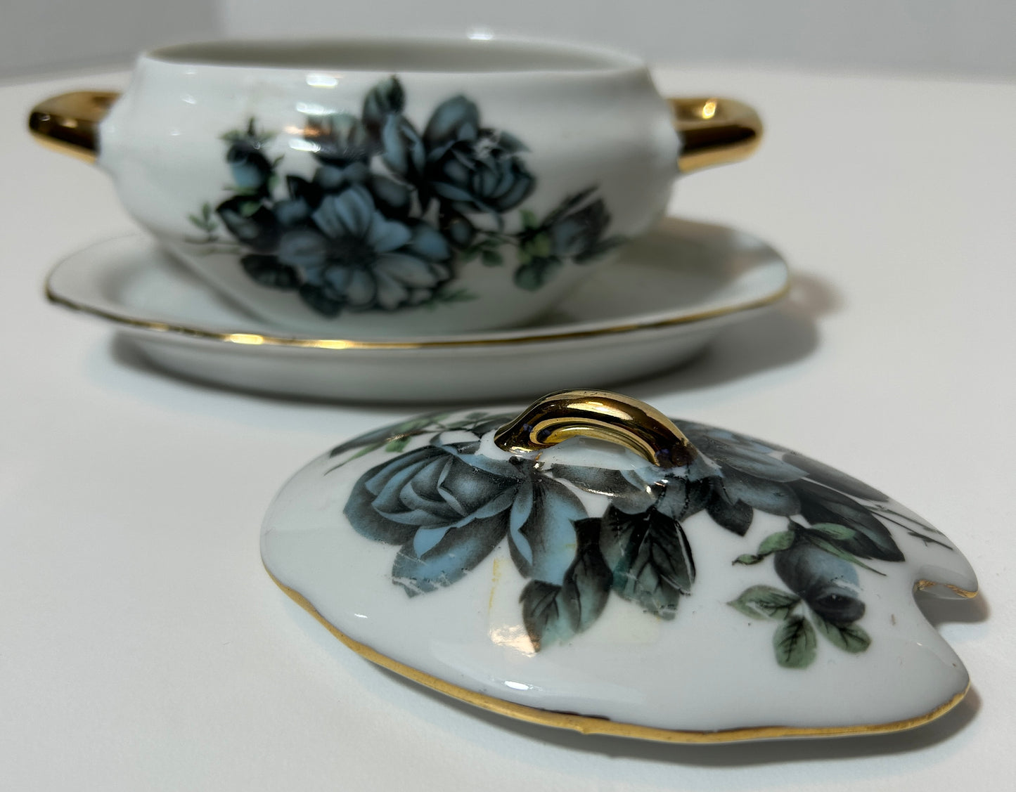 Vintage Bavaria Black Rose Miniature Tureen with Lid and Underplate – Gold Trimmed Porcelain Floral Dish