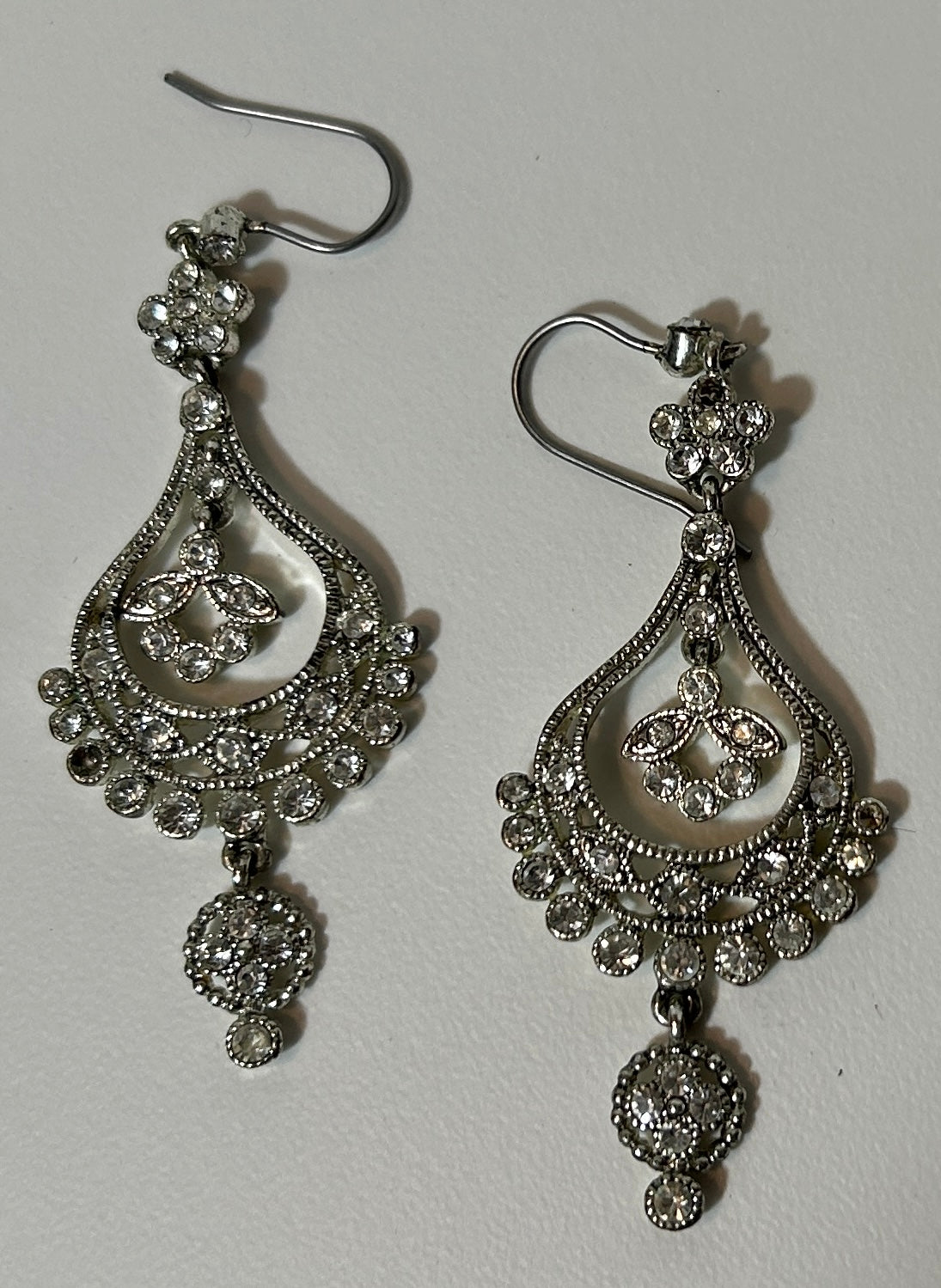 Vintage Monet Silver-Tone Filigree Dangle Earrings with Rhinestones – Art Deco Style