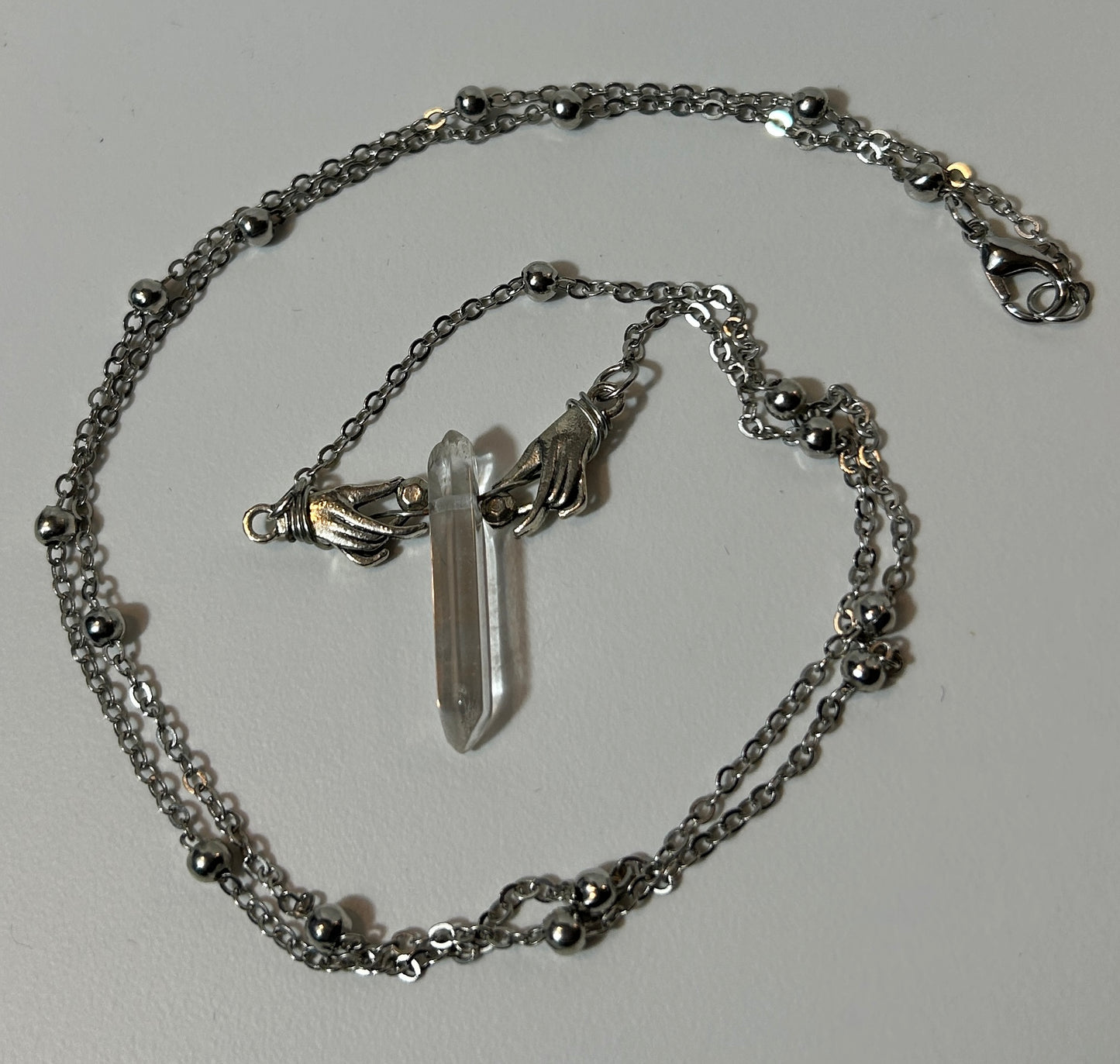 Boho Gothic Quartz Crystal Necklace with Silver Hand Clasp and Ball Bead Chain