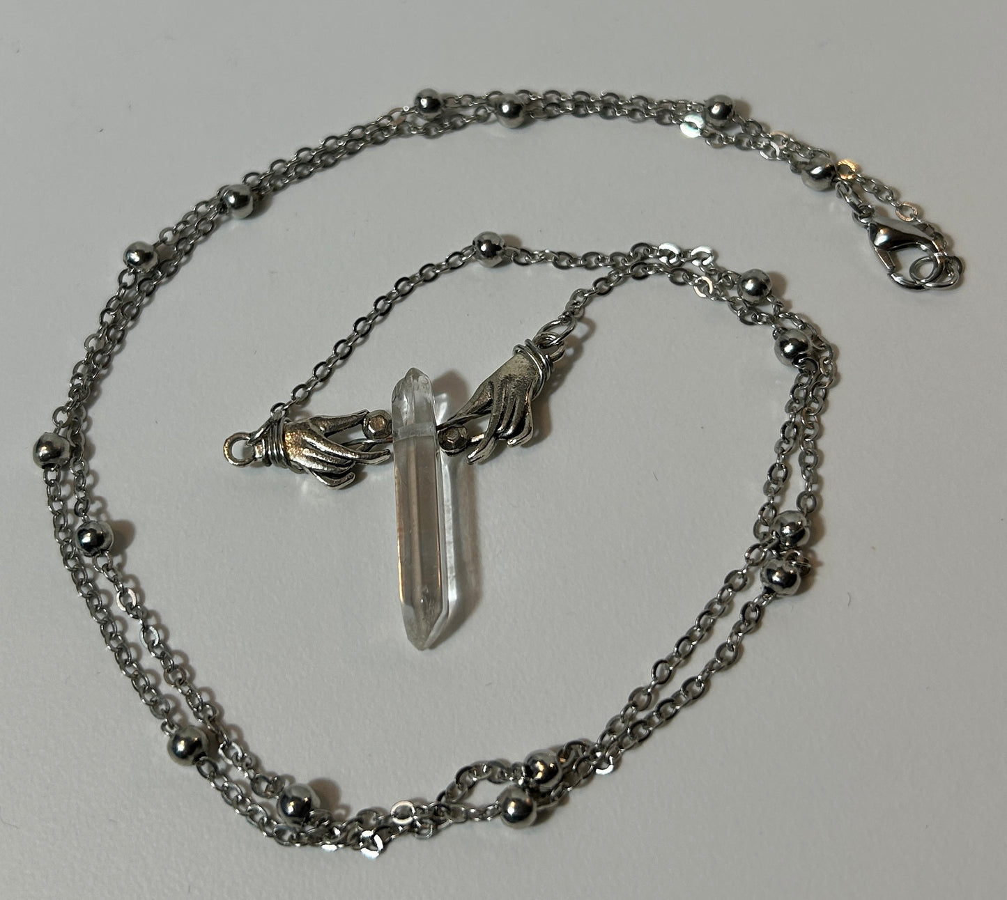 Boho Gothic Quartz Crystal Necklace with Silver Hand Clasp and Ball Bead Chain