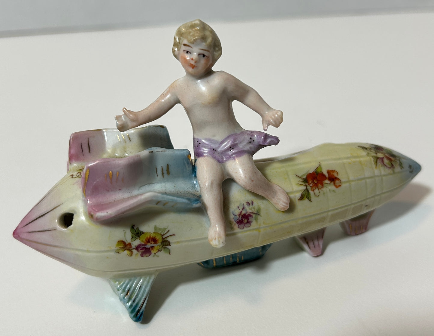 Rare Vintage Porcelain Cherub on Floral Rocket Ship Figurine – Mid-Century Planter