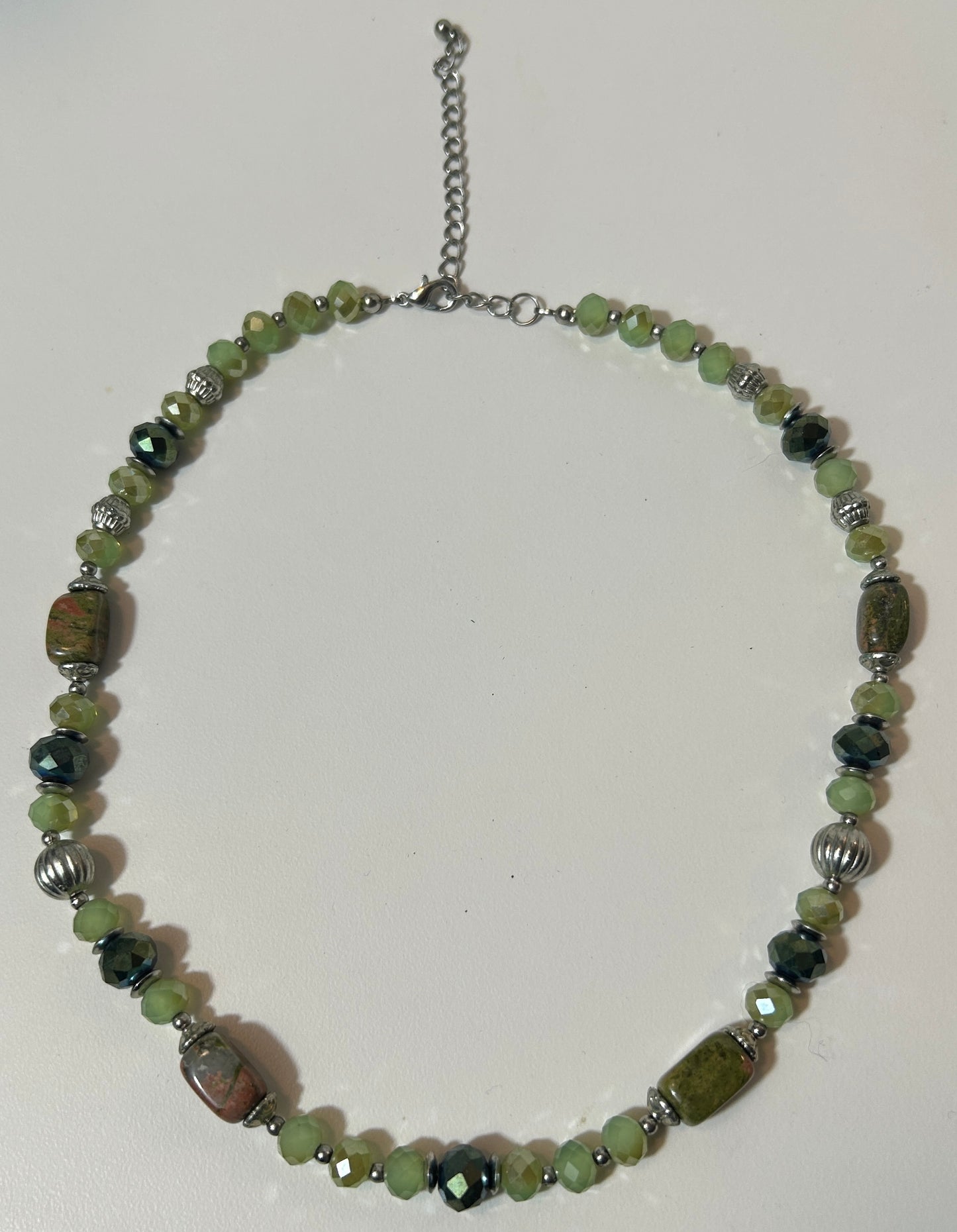 Green Jasper & Faceted Glass Bead Statement Necklace – Adjustable Length, Earthy Boho Style