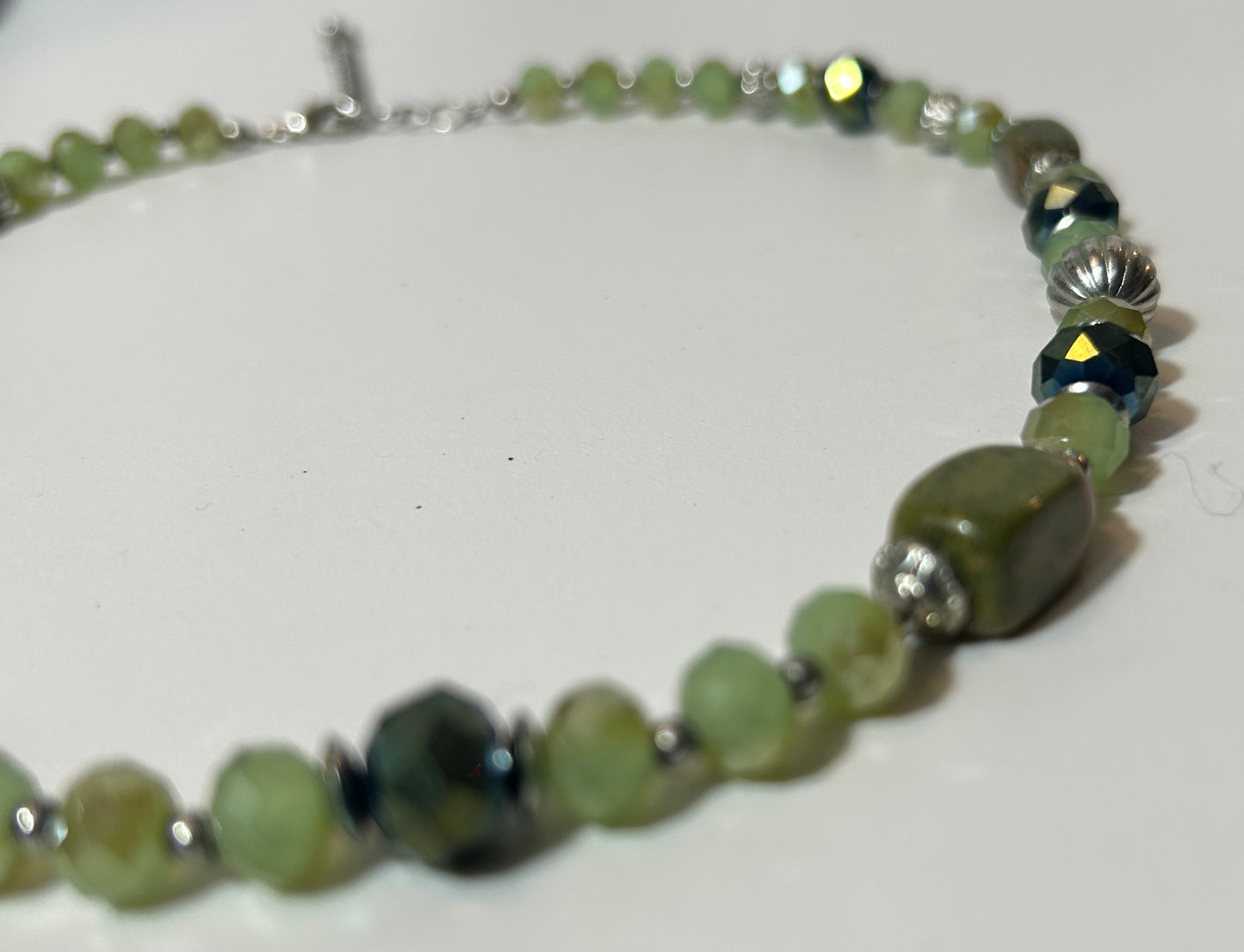 Green Jasper & Faceted Glass Bead Statement Necklace – Adjustable Length, Earthy Boho Style
