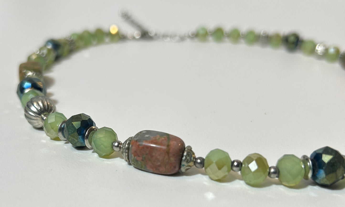 Green Jasper & Faceted Glass Bead Statement Necklace – Adjustable Length, Earthy Boho Style