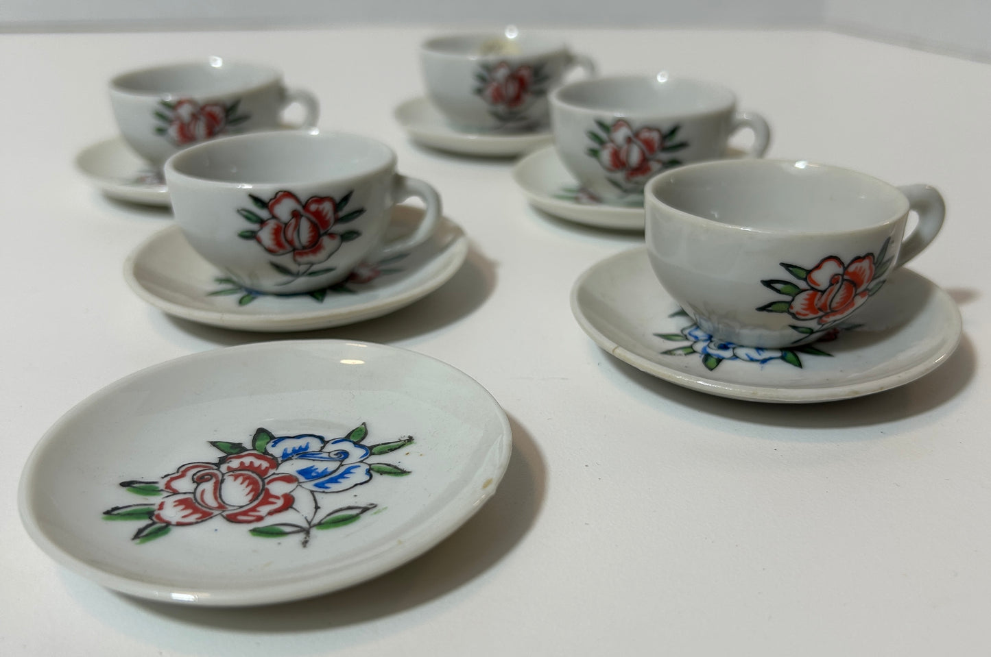 Vintage Miniature Porcelain Tea Set – Hand-Painted Floral Cups Saucers | Made in Japan (Set of 6)