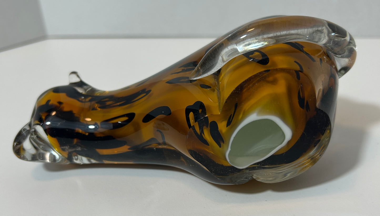 Handcrafted Murano-Style Amber Art Glass Leopard Paperweight – Blown Glass Animal Figurine
