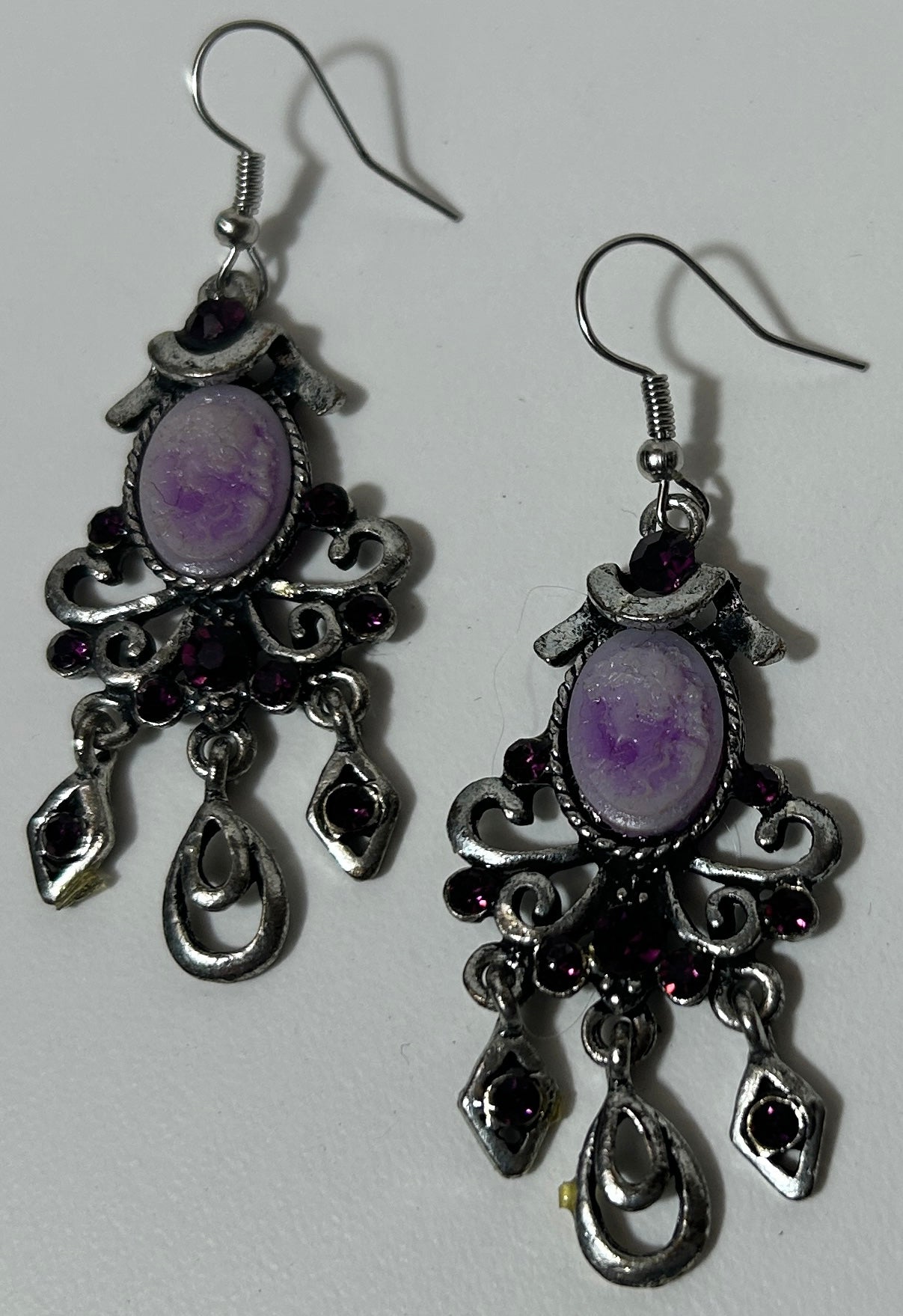 Vintage Ornate Silver Chandelier Earrings with Purple Cameo and Rhinestones – Victorian Revival Dangle Jewelry