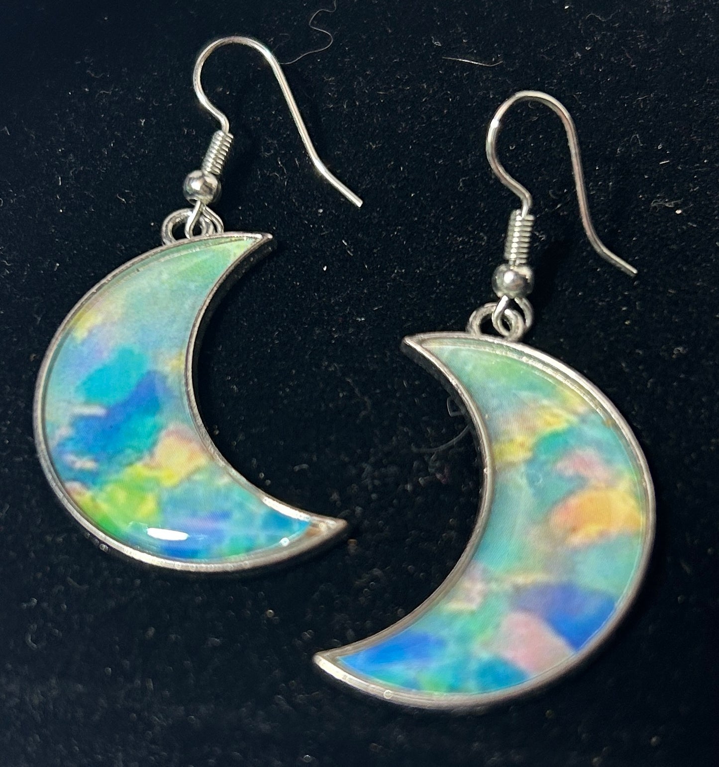 Iridescent Crescent Moon Drop Earrings – Silver Tone Celestial Jewelry with Multicolor Enamel Inlay